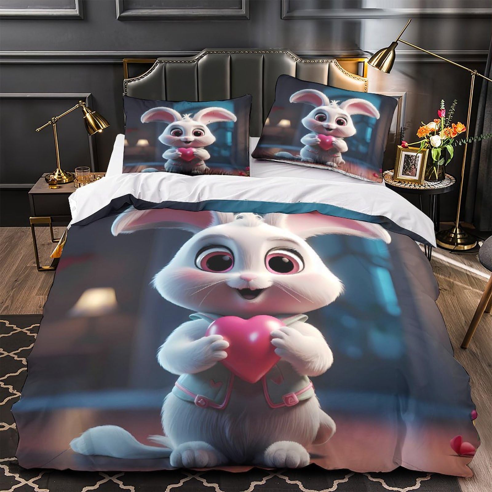 Parure de lit lapin 3D 140x200cm avec housse de couette en microfibre pour ado