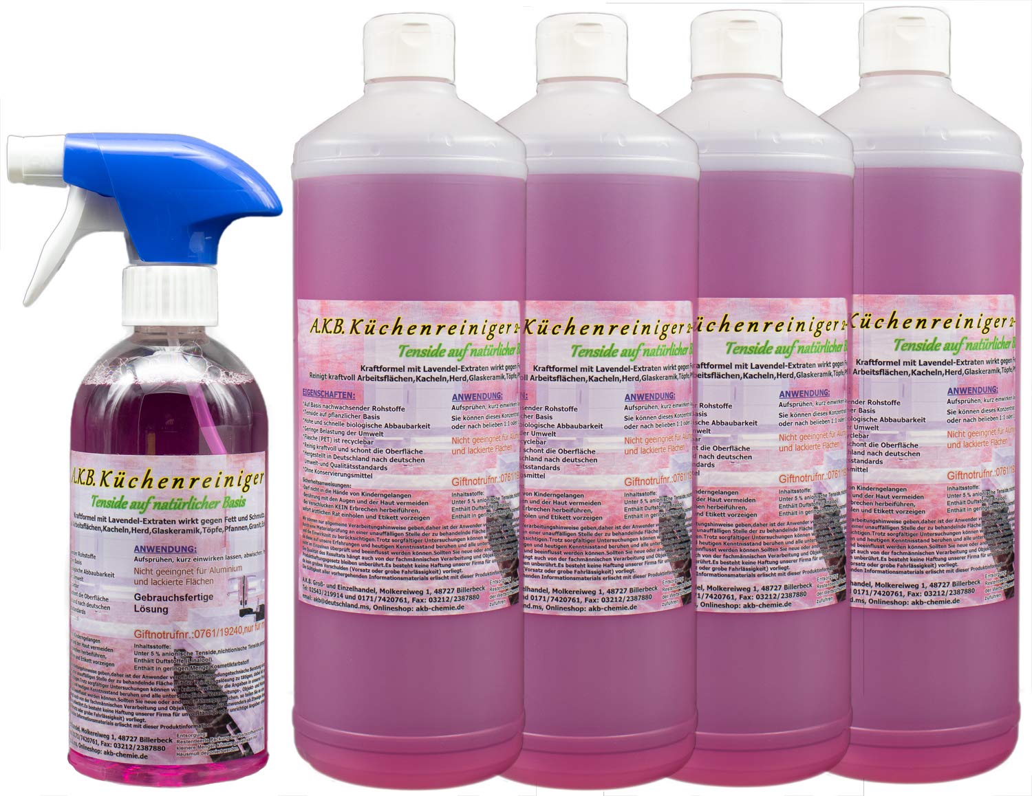 A.K.B. Küchenreiniger, Allzweckreiniger Lavendel, aus natürlichen Tensiden 0074 (4 L 2-Fachkonzentrat + 0.5 L mit Sprühkopf (mit gebrauchsfertige Lösung))