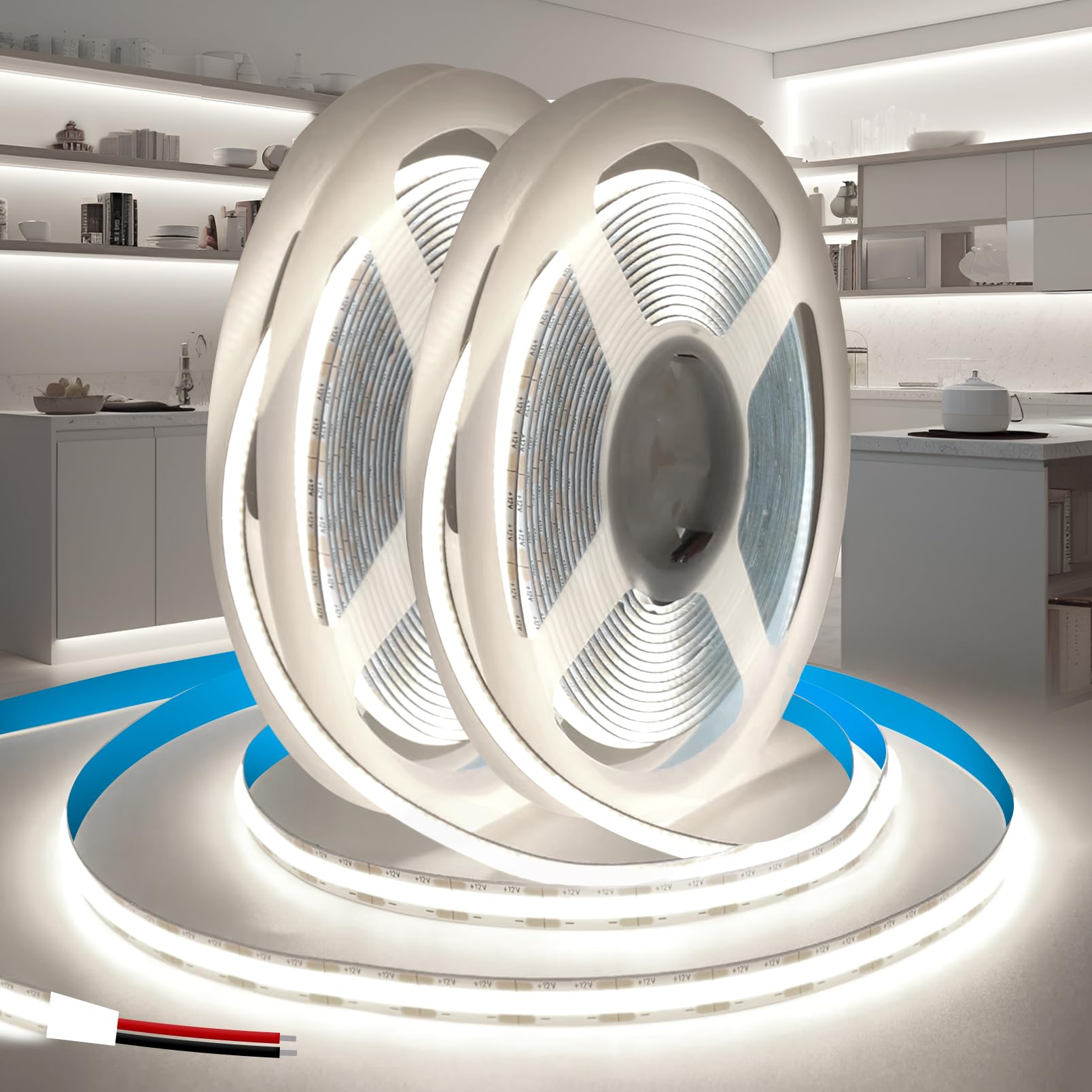 KSIBNW 12V COB LED Strip 10M(2x5M), Cool White 6000K Led Strip Lights 8mm Width LED Tape Lights Flexible CRI90+ Uniform Dotless for Bedroom Cabinet Kitchen Decoration (No Power Supply)