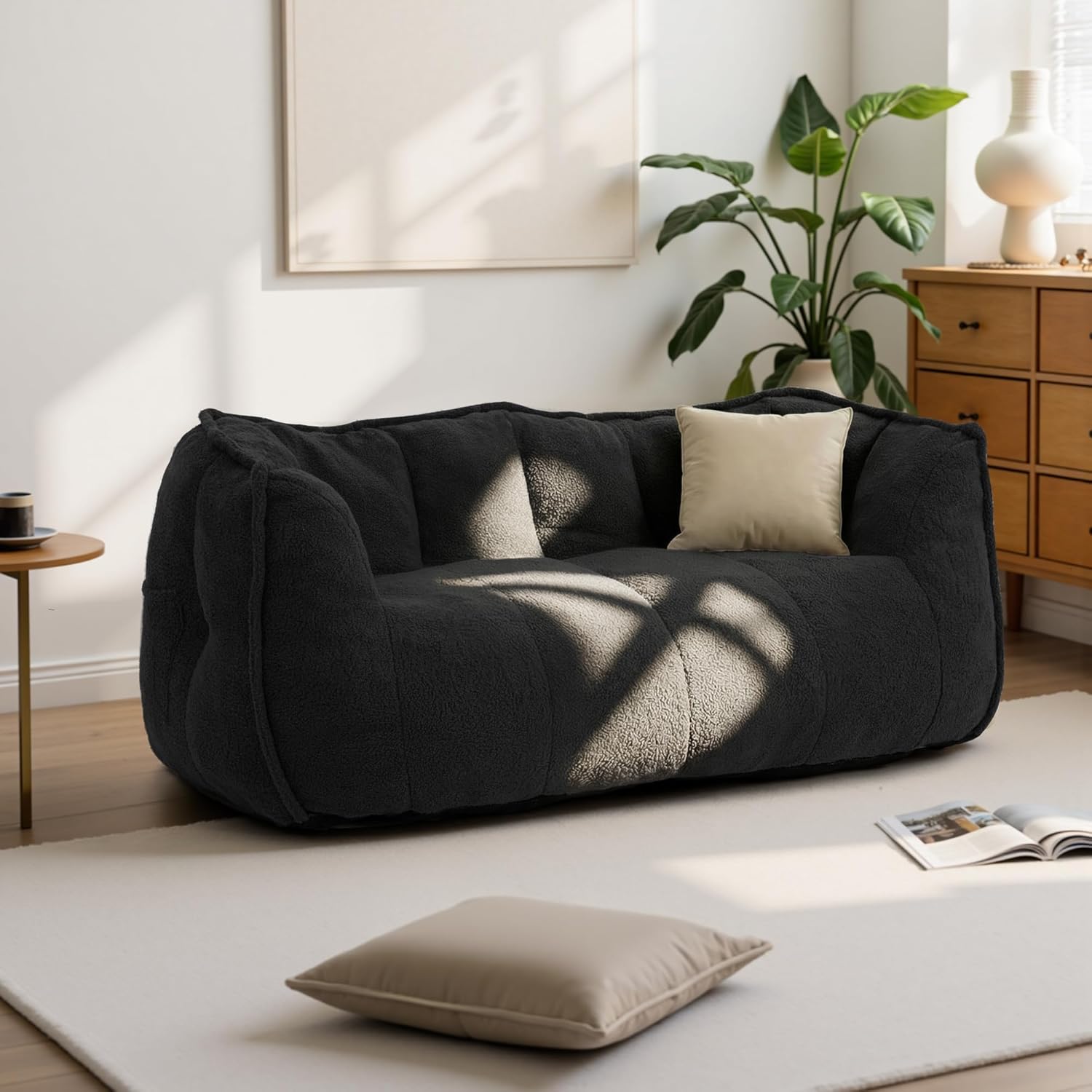 59" Bean Bag Chair, 2-Seat Loveseat Sofa Bed for Adults, Washable Cover,72H Rebound, Fluffy Comfort for Living Room,Bedroom,Black