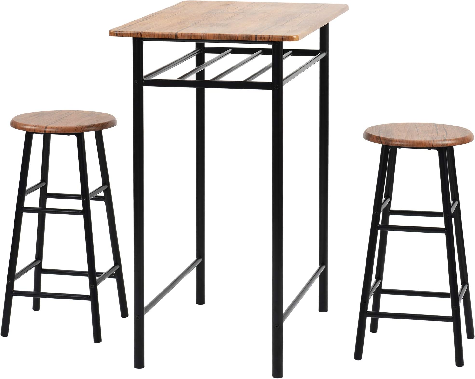 Modern Design Kitchen 3 Piece Dining Table and 2 Chairs Dining Room Furniture Set, 3 Pcs Bar Table Set (Brown)