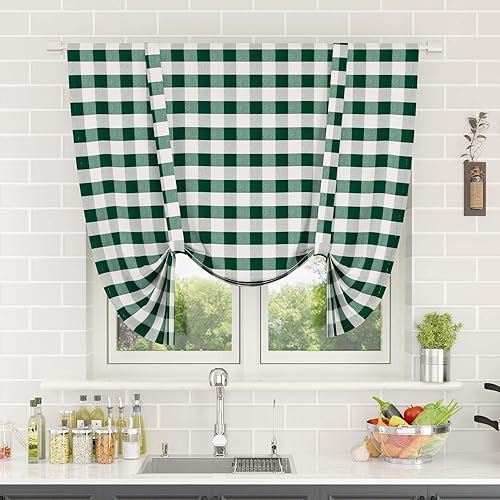 Miniatura 40 de Cortina ajustable con cenefa para ventana de cocina Buffalo Check, a cuadros, gingham, estilo granja, con bolsillo para barra, para baño, 42 x 45