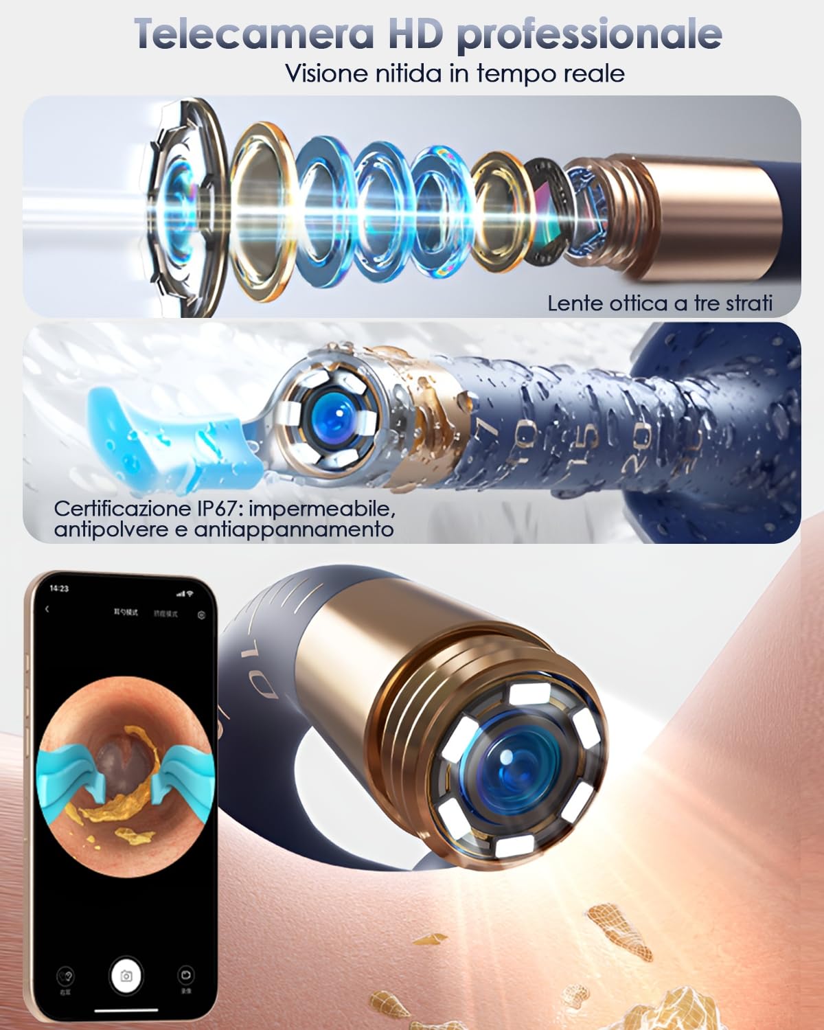 Otoscopio, 1080P Pulizia Orecchie con Telecamera, Detergente per le Orecchie Con 6 luci LED, Pulitore auricolare Wi-Fi a 360° con pinzette, design impermeabile IP67, adatto per iOS e Android