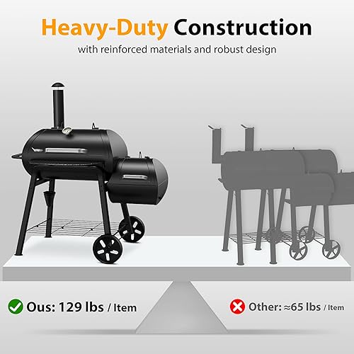 Miniatura 7 de Brand-Man - Parrilla de carbón offset, parrilla de barbacoa de barril de alta resistencia, combo con caja de fuego lateral para patio al aire libre