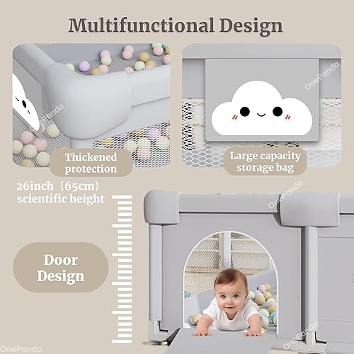 Miniatura 8 de Corralito grande para bebés con alfombra, 71 x 59 pulgadas con esponja gruesa anticolisión para bebés y niños pequeños, con bolas oceánicas, puerta,