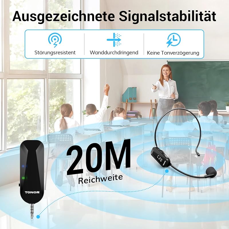 Set căști cu microfon wireless TONOR UHF reîncărcabil, 20 de canale, rază de acțiune 20 m, pentru antrenamente, cursuri și ghidaj turistic