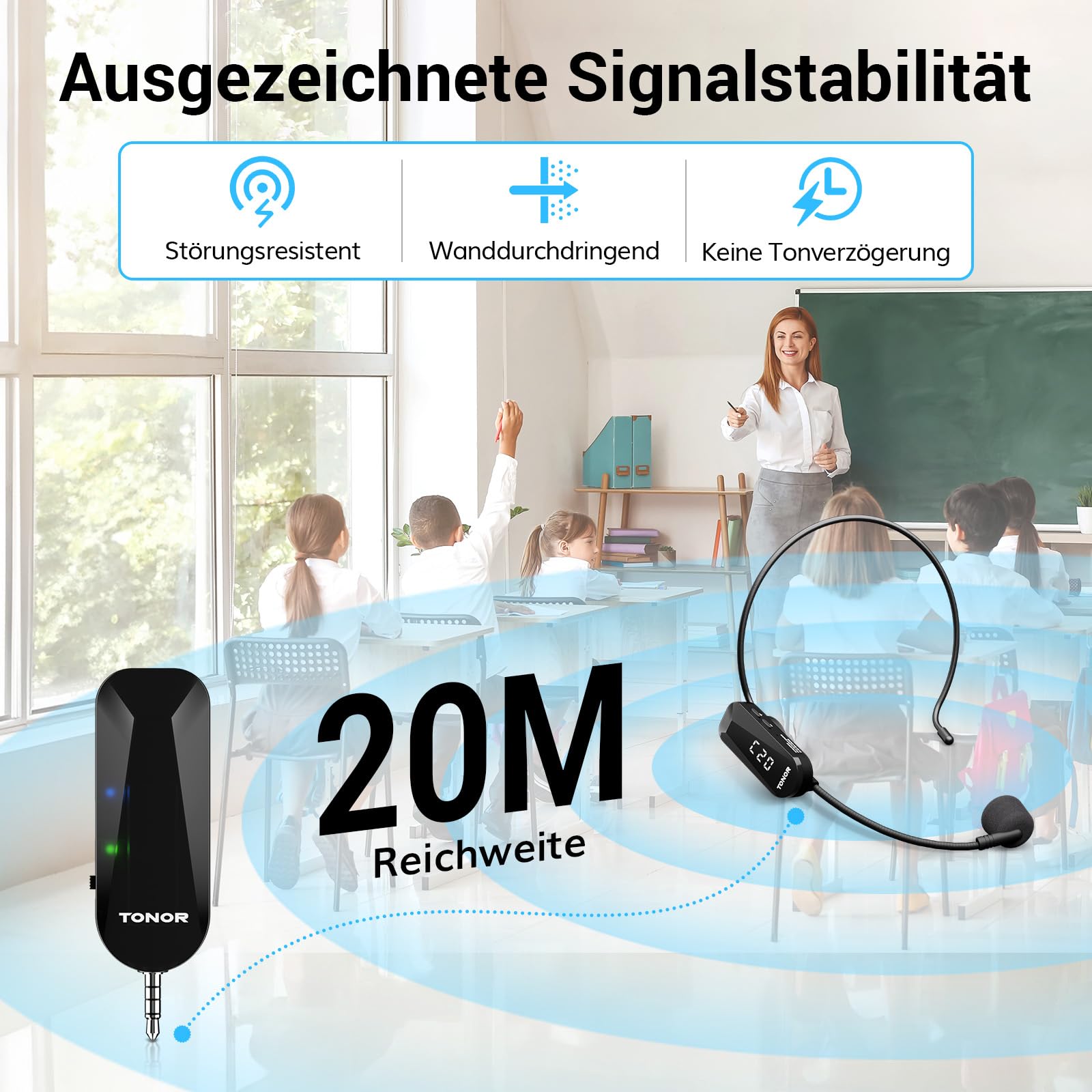 TONOR Wireless Mikrofon Headset, UHF Wiederaufladbares Drahtloses Mikrofon, 20 Kanäle mit 20m Kabelloser Übertragung, Für Fitness, Unterricht, Führungen, Sprachverstärker