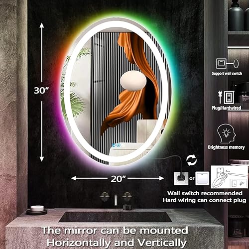 Miniatura 6 de THEKLA Espejo LED ovalado de baño de 20 x 30 pulgadas con luces de 3 colores + retroiluminación RGB arco iris, espejo ovalado iluminado para pared