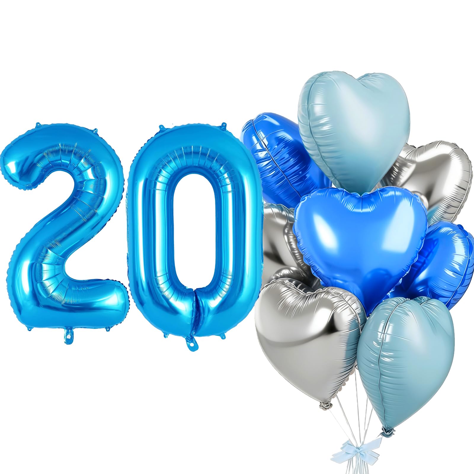 Blue Balloon 20, Foil Balloon Number 20, Heart Foil Balloon Blue Silver, 40 Inches Helium Balloon 20 with Heart Balloons, Balloon 20. Birthday Decor Set for Birthday Anniversary Party Decoration โ image 1