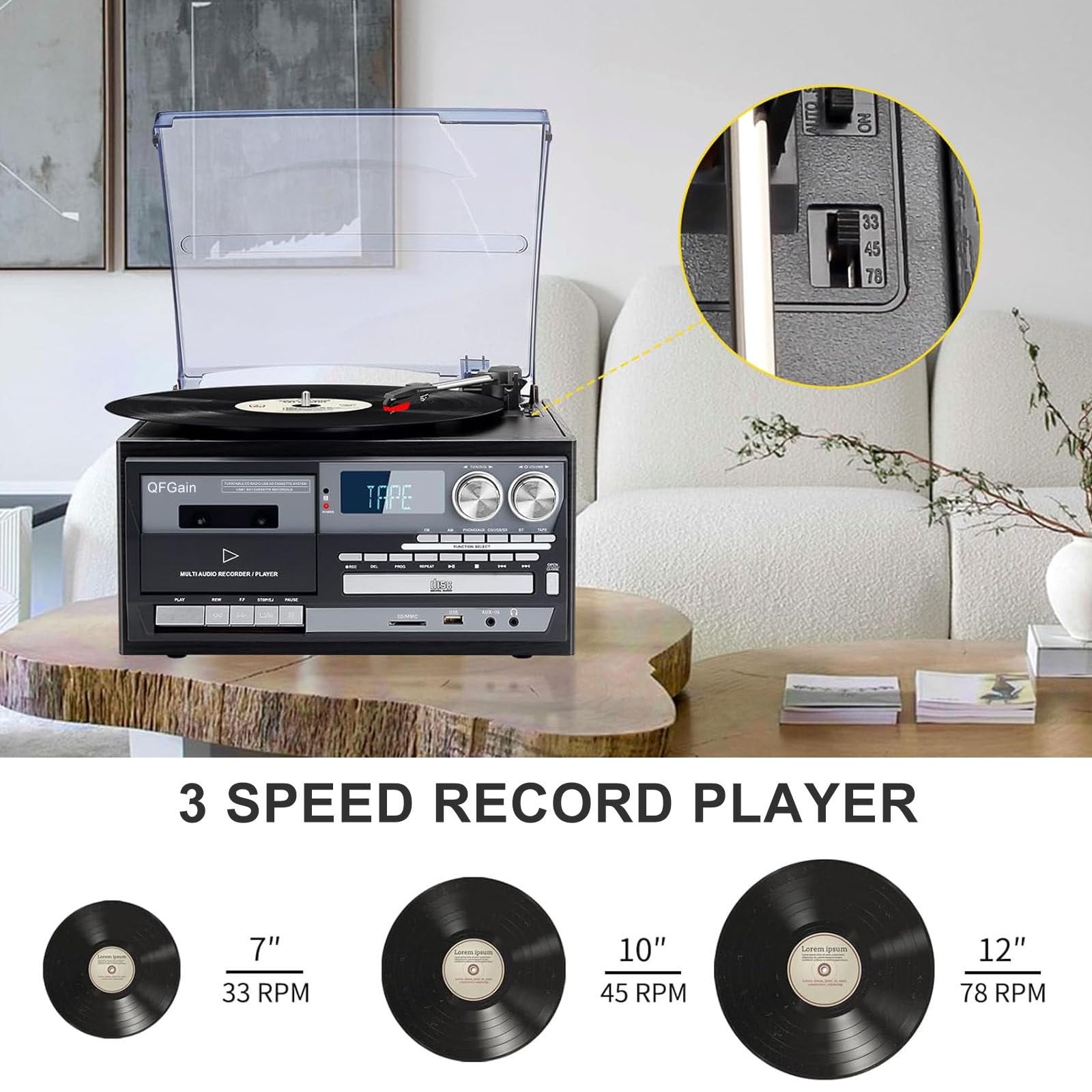 Giradischi in Vinile A 3 velocità, Giradischi Vintage CD/Cassette, Radio Am/FM, Riproduzione USB/SD, Fonografo Portatile, Dispositivo Audio Completamente Automatico A Cinghia,Black