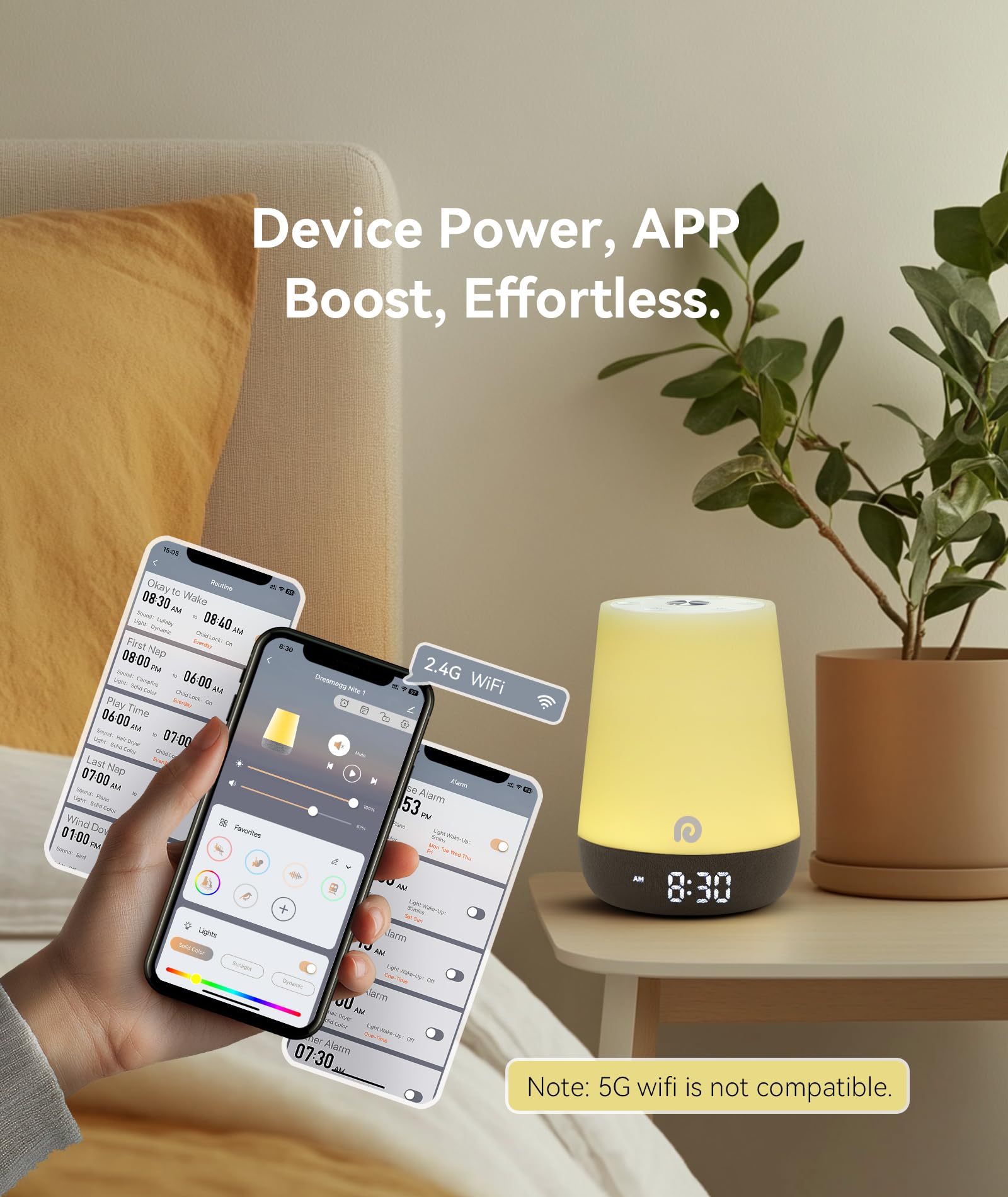 Dreamegg Nite 1 Maquina Ruido Blanco Bebe Reloj Formador de Hábitos de Sueño, App Control Sonido Blanco Bebe con 34 Sonidos Calmantes, Despertador Luz Natural, Reloj para Niños Musica Relajante