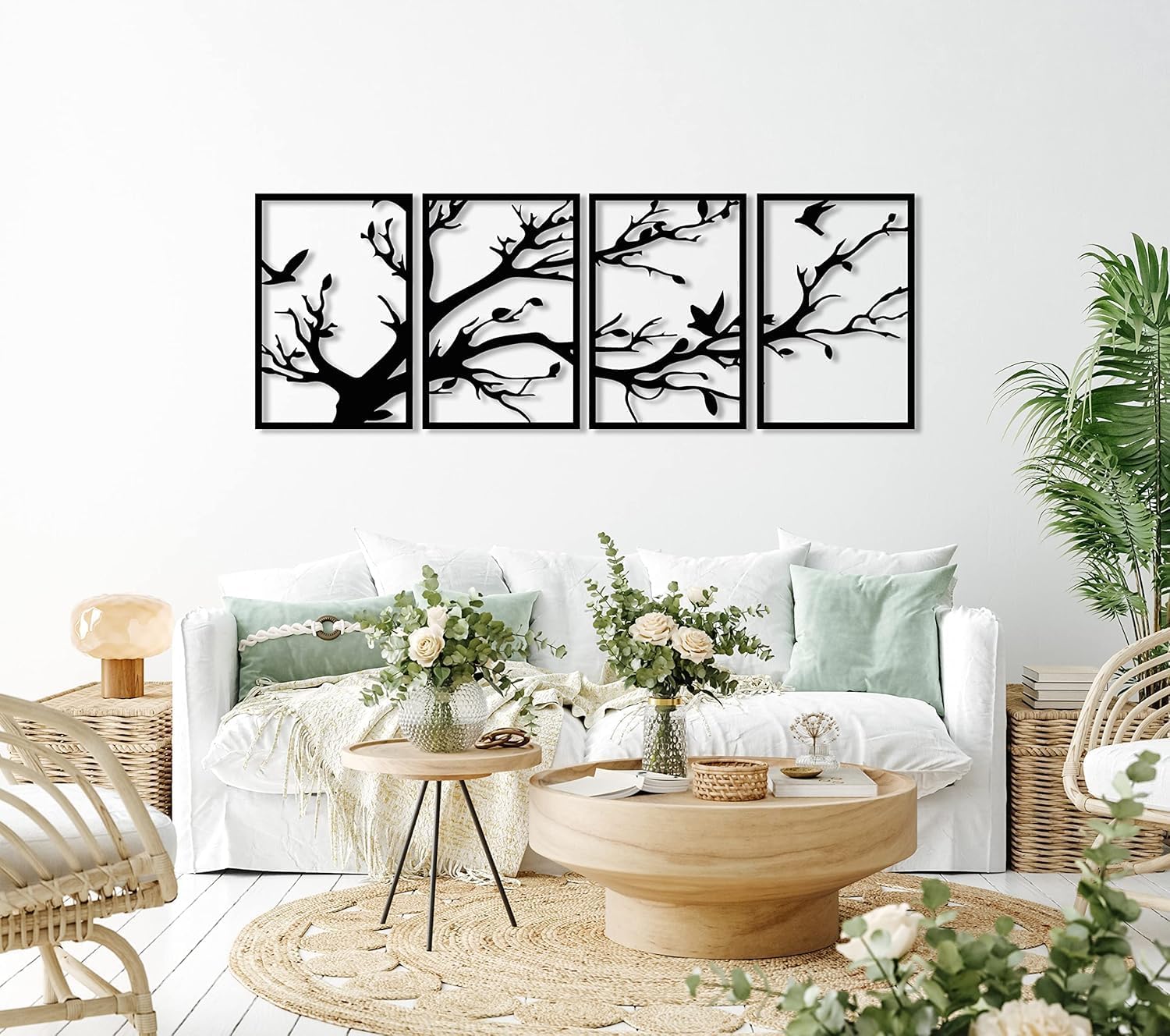 Metal Tree of Life Wall Art, 4 Panel Extra Large Metal Wall Hanging with Birds and Branches, Nature Inspired Tree Wall Decor for Living Room or Bedroom, Modern Interior Decoration and Housewarming Gift