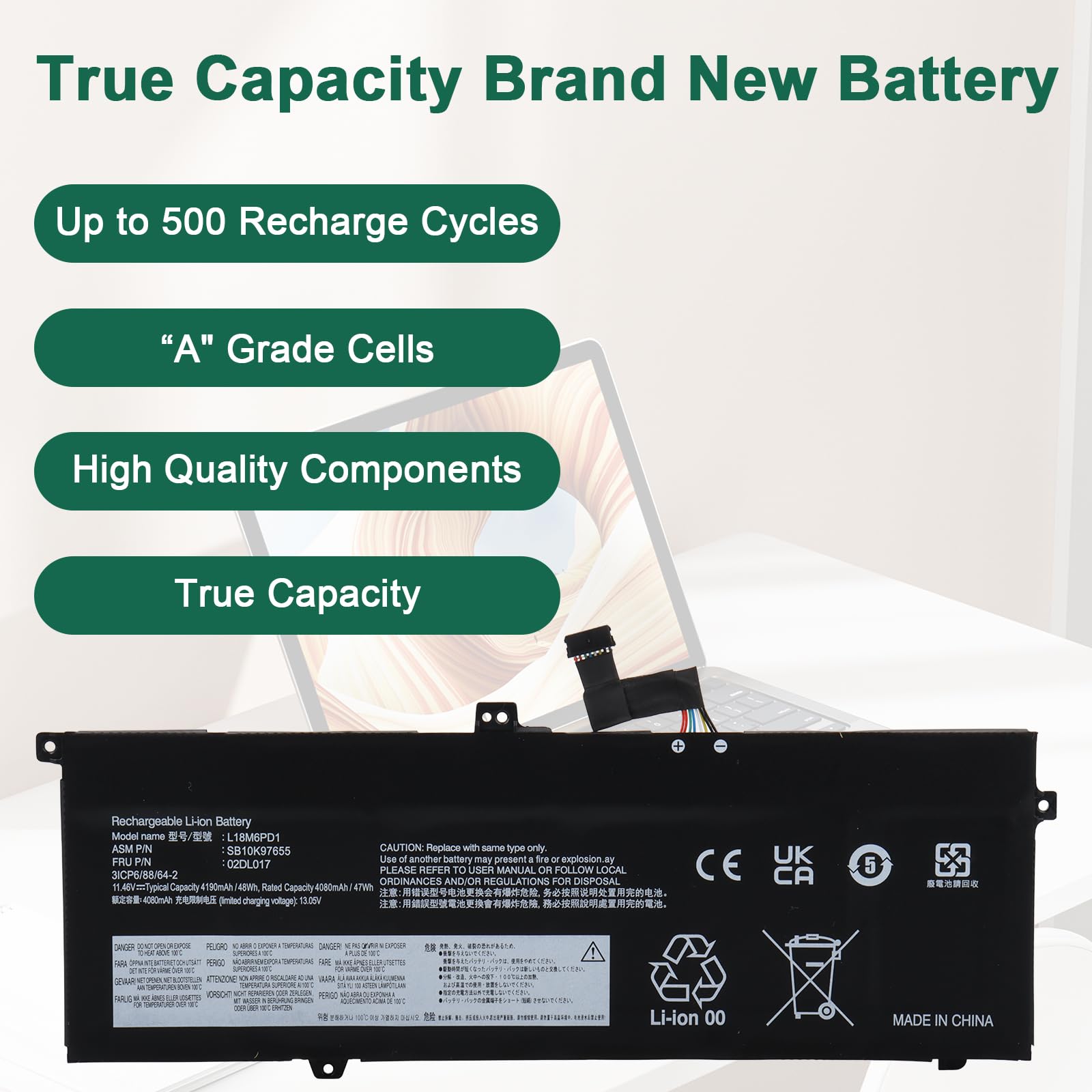 L18M6PD1 Batterie Compatible avec Lenovo ThinkPad X13 Gen 1 2020 X390 X395, L18C6PD1 L18D6PD1 L18M6PD2 02DL017 02DL018 02DL019 02DL020 SB10K97655 SB10K97656 SB10K97657 SB10K97658-48Wh 11,46V