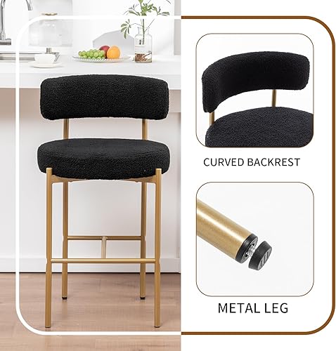 Miniatura 4 de Gold Boucle - Juego de 4 taburetes de bar modernos de 26 pulgadas con respaldo, taburetes de bar tapizados negros para isla de cocina, bar, cafetería