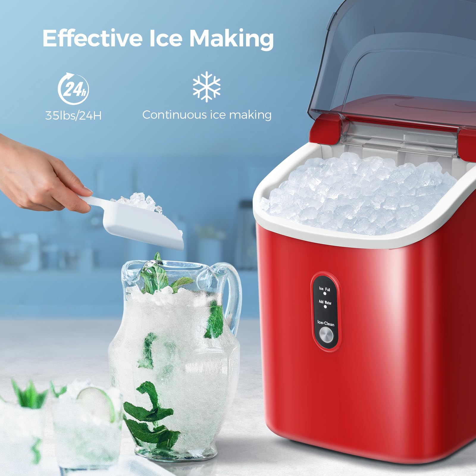 Nugget Ice Maker Countertop with Self-Cleaning Function, Sonic Ice Machine with Handle, Compact Design for Home Use(Red) on Fridge.com