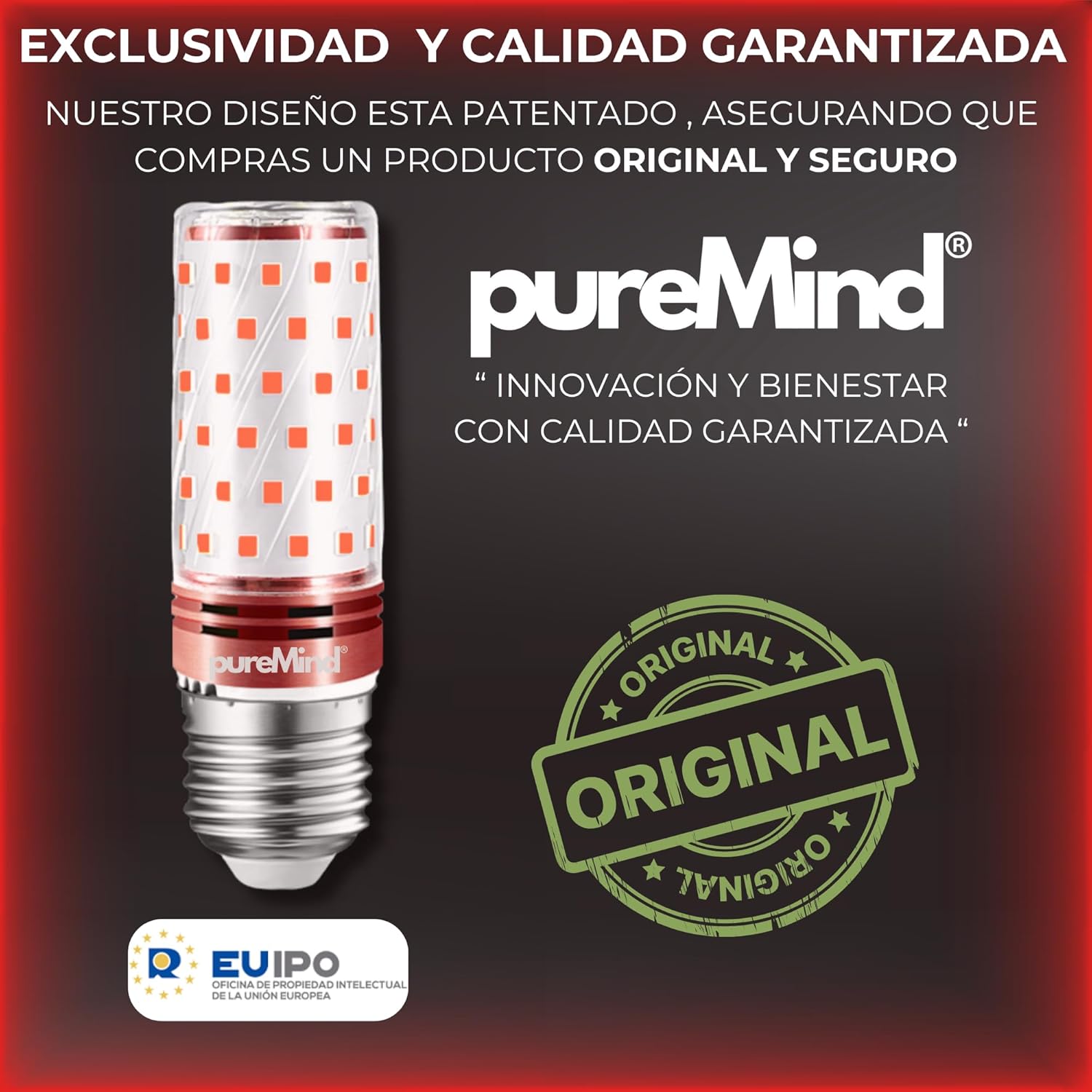 Puremind Luz Roja Nocturna Melatonina E27 - Bombilla Roja Terapia para Dormir - Tecnologa Flicker Free + 0% Luz Azul + Rosca Estndar + Mejora del Ritmo de Descanso