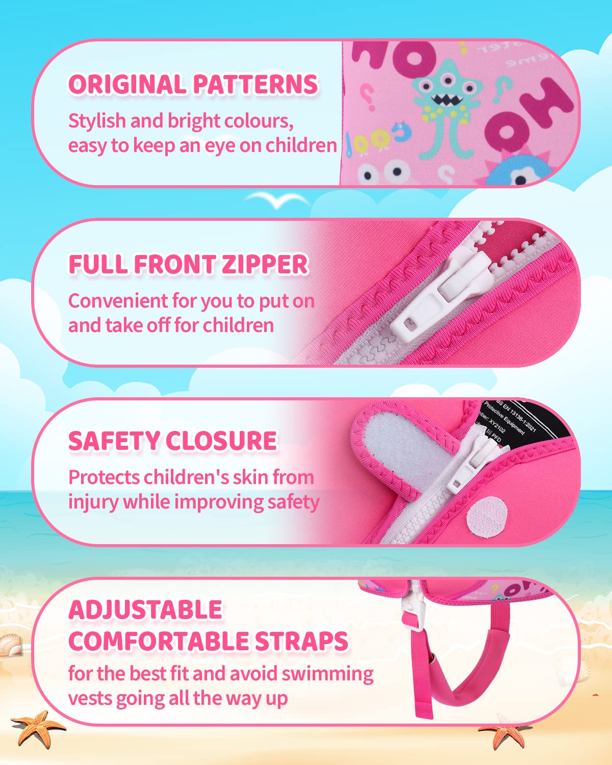 Chaleco de Natación para Niños Flotador Piscina con Correa de Seguridad Ajustable 10-25kg
