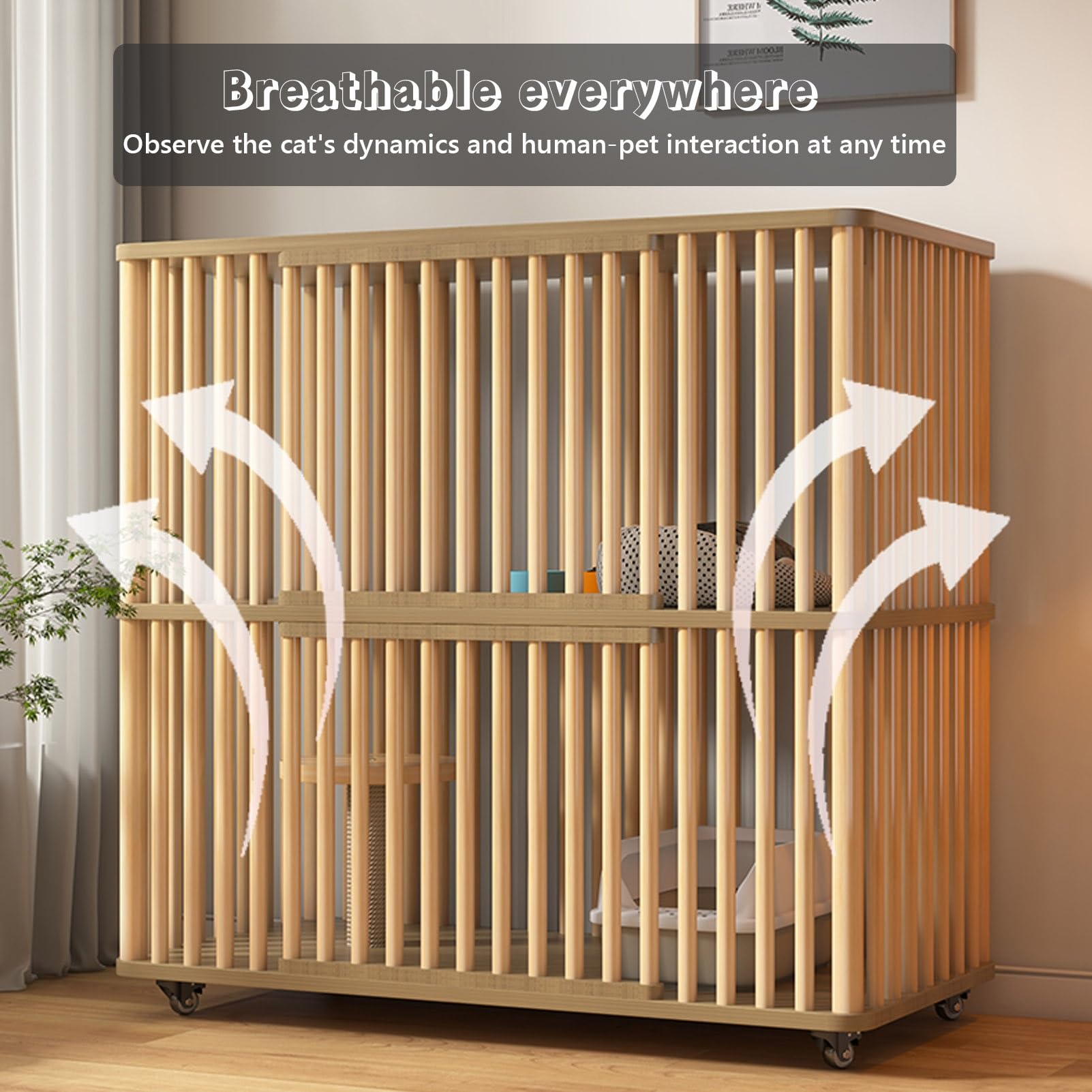 Grande Gabbia per Gatti in Legno a 2 Livelli per Interni - Spaziosa Cuccia per Gatti per 1-3 Gatti con 2 Porte - Recinto Ideale per Piccoli Animali Domestici (112x56x106 cm)