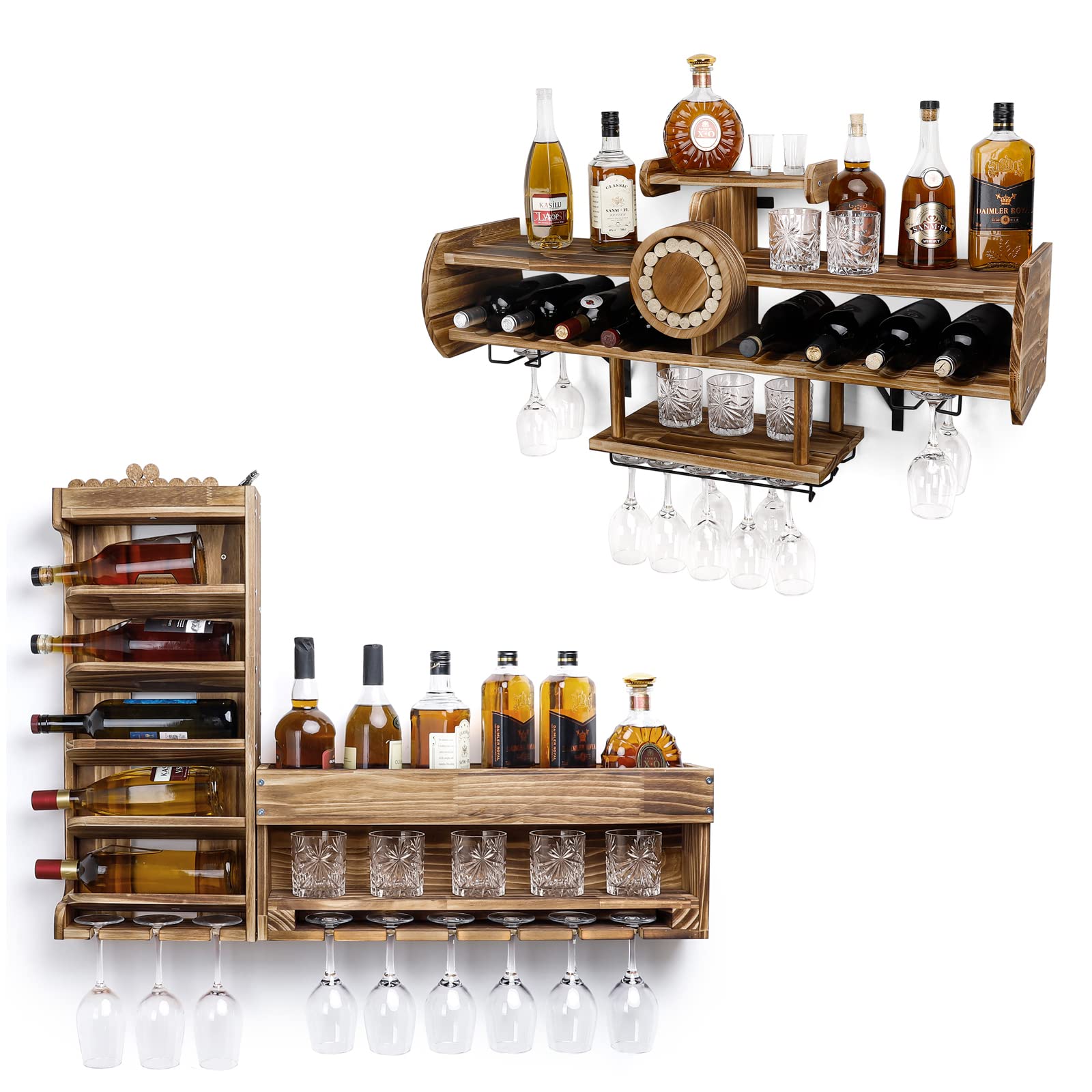 KIAYACI Wall-Mounted Wood Wine Rack – Holds 7 Bottles & 5 Glasses, Brown, 24x7.4x6 Inches, Floating Shelf For Kitchen, Dining, Bar
