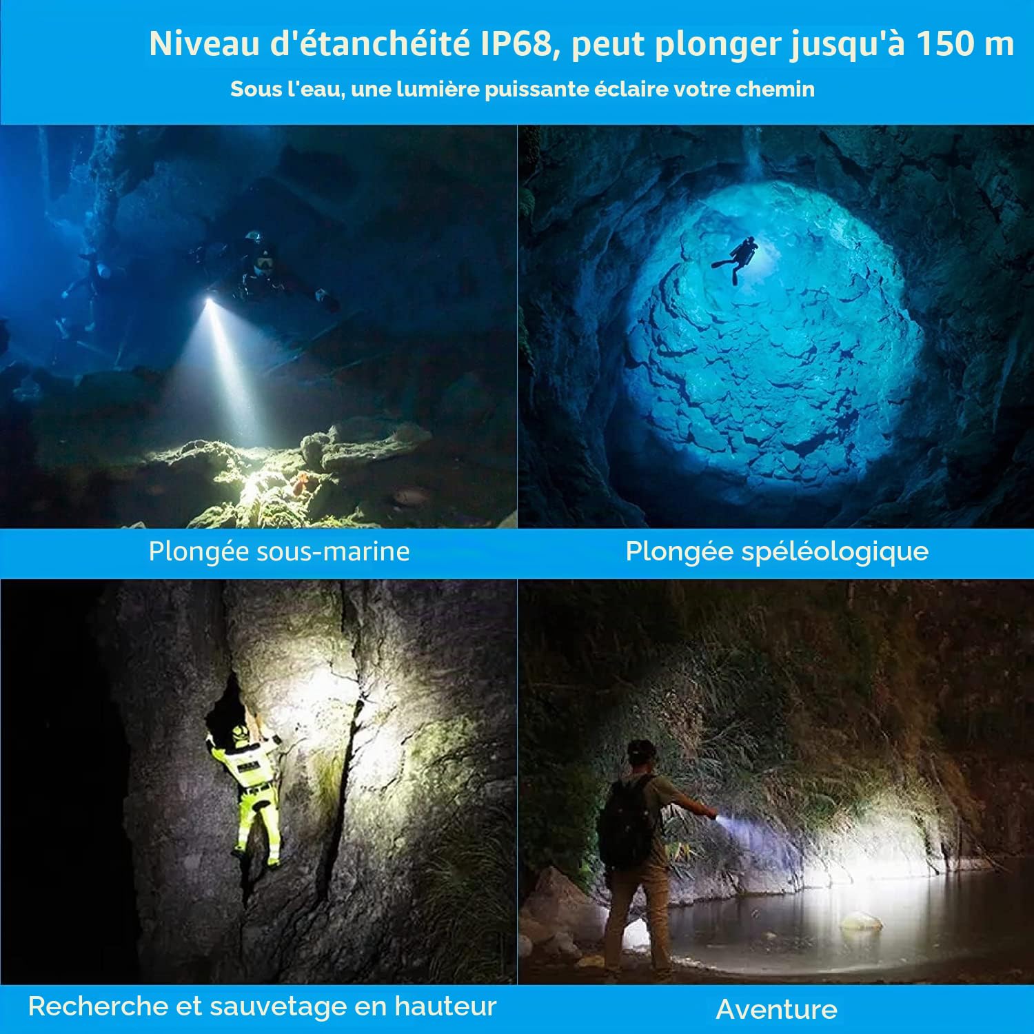 ORCATORCH D520 Lampe de Plongée Rechargeable, 1000 Lumens Lampe de Plongée Sous Marine, IPX-8 Torche de Plongée, Lampe de Poche Batterie étanche à 150 M
