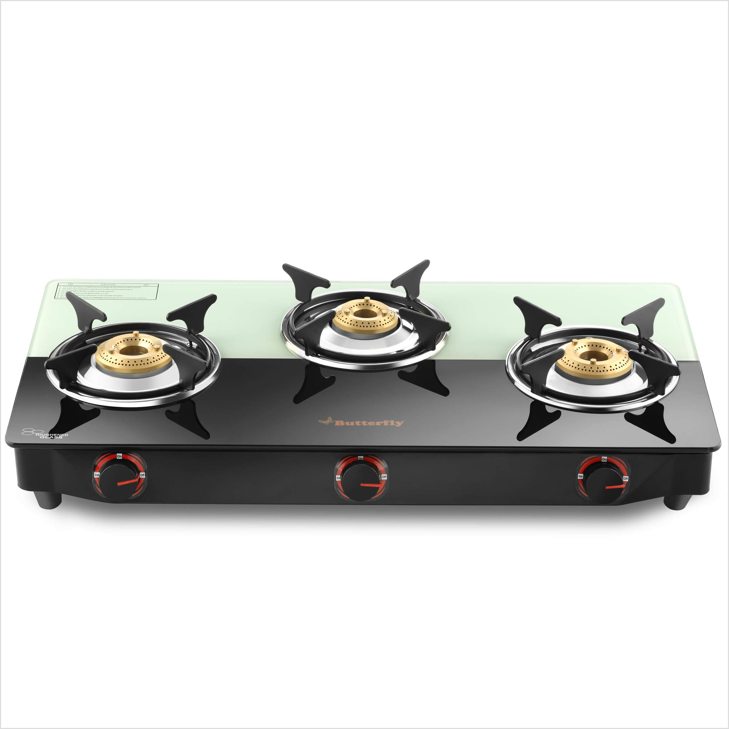 Butterfly Smart Plus Glass 3 Burner Gas Stove, Black & White (Manual
