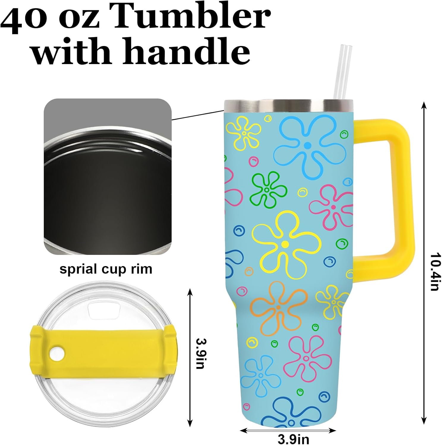 JarThenaAMCS Cartoon Sponge Tumbler with Handle 40oz Flower and Bubbles Tumbler with Lid Straw Blue Yellow Stainless Steel Cup for Home Office Travel - Image 2