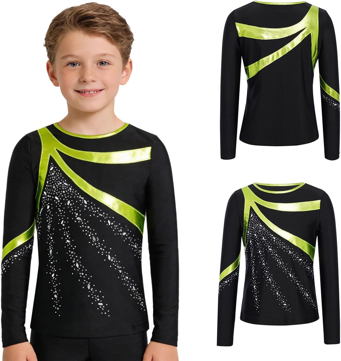 YiZYiF Sparkly Active Tees for BoysLatin Dancing Clothes Gymnastics Figure Skating Tops Long Sleeve Dance Shirts