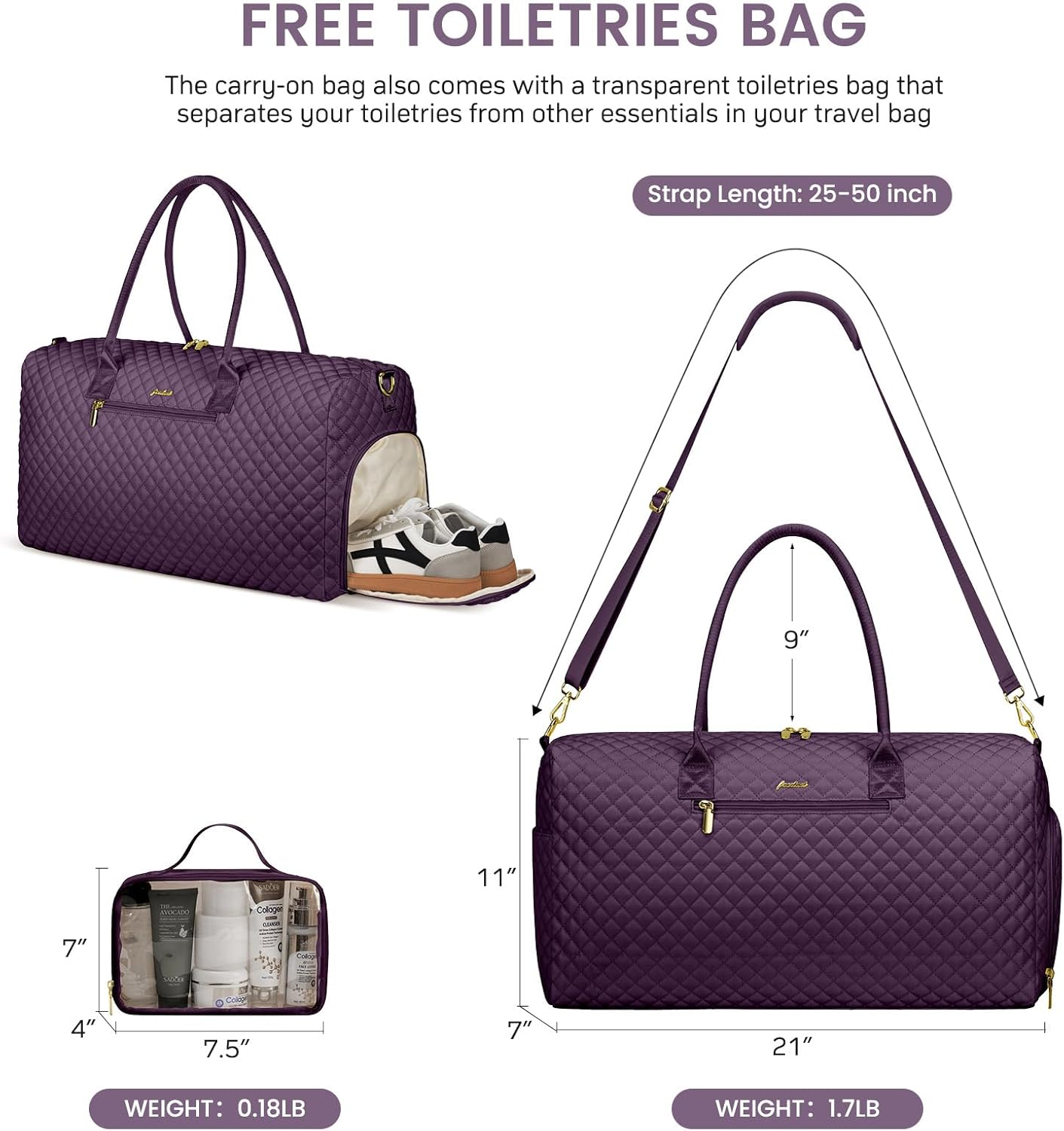 Weekender Travel Duffle Bag for Women: Overnight Bag with Shoe Compartment Carry on Bags for Airplanes with Toiletry Hospital Weekend Yoga Gym Bag with Wet Pocket Travel Duffel Tote Bag Purple - Image 2