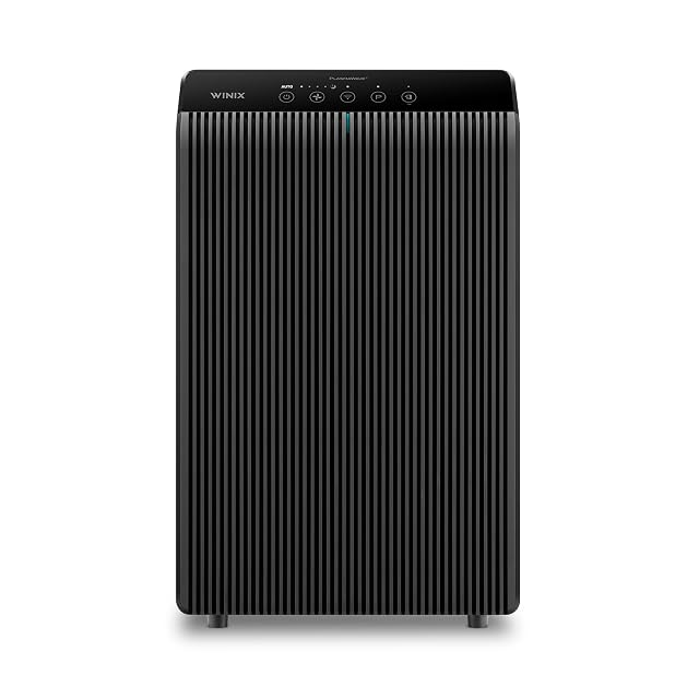 Winix 5510 air purifier in charcoal gray with a front control panel and PlasmaWave indicator, a True HEPA plus carbon unit for smoke and pet odor. | Mubboo