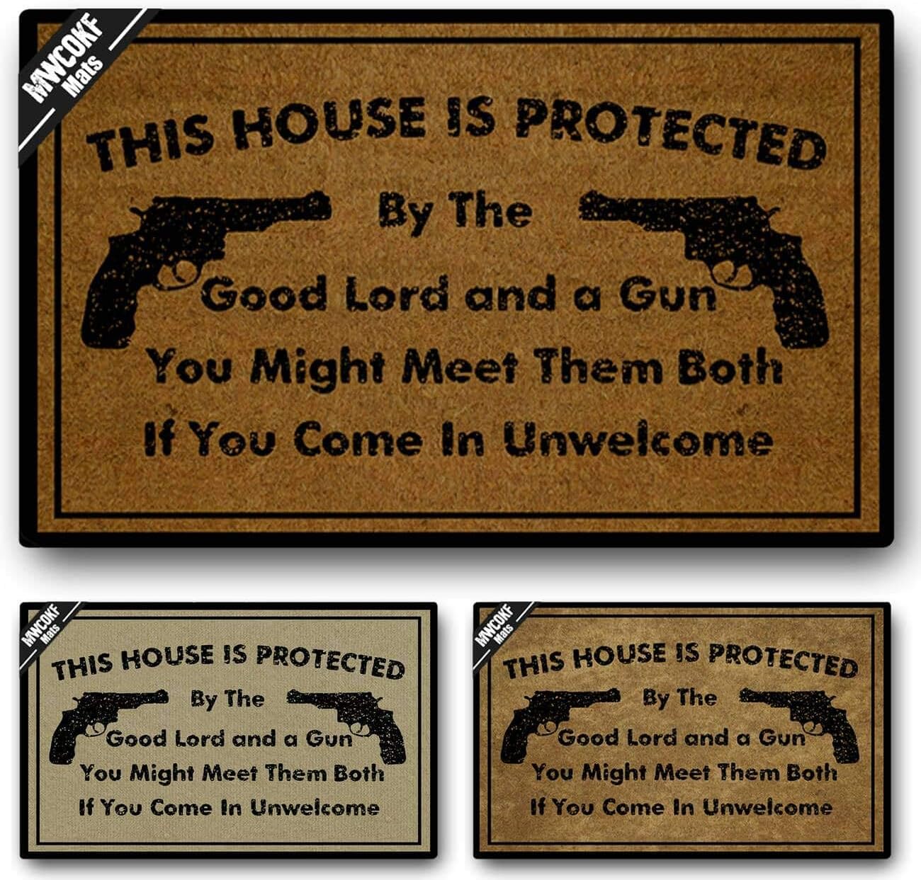 Funny Door Mat Non-Slip Back Rubber Entry Way Doormat Outside | This House is Protected by The Good Lord and a Gun | Standard Outdoor Welcome Mat | Non-Woven Fabric 18 Inch x 30 Inch