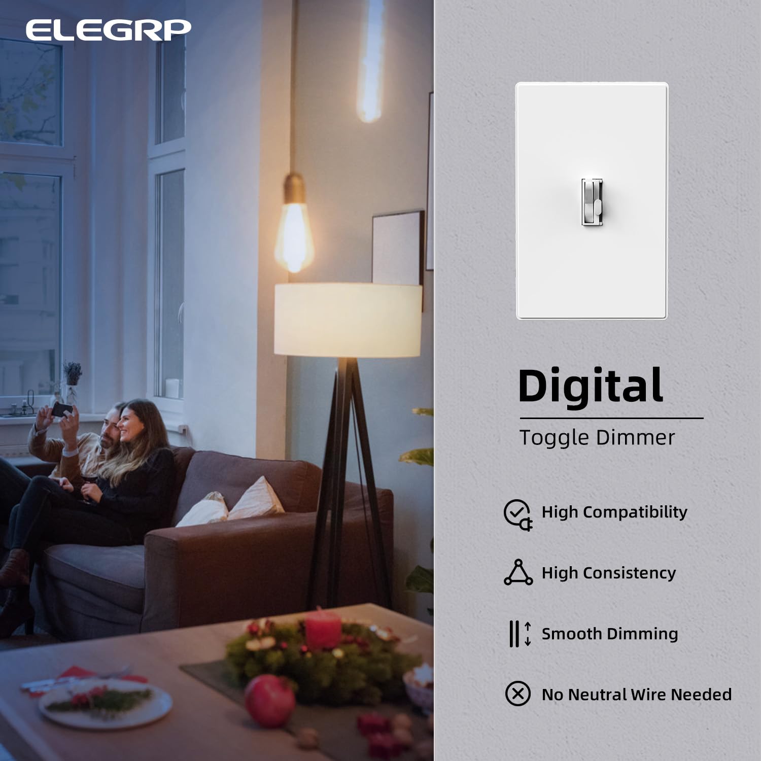 ELEGRP Dimmer digitale per LED dimmerabile, interruttore della luce dimmerabile monopolare o LED a levetta a 3 vie, piastra da parete senza viti inclusa, certificazione UL, confezione da 6, bianco