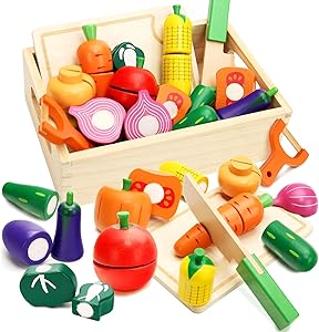 Wooden Play Food Set for Toddlers Toys Pretend Play Kitchen Accessories Veggies Cutting Set for Kids Gift for Boys Girls Montessori Educational Toys