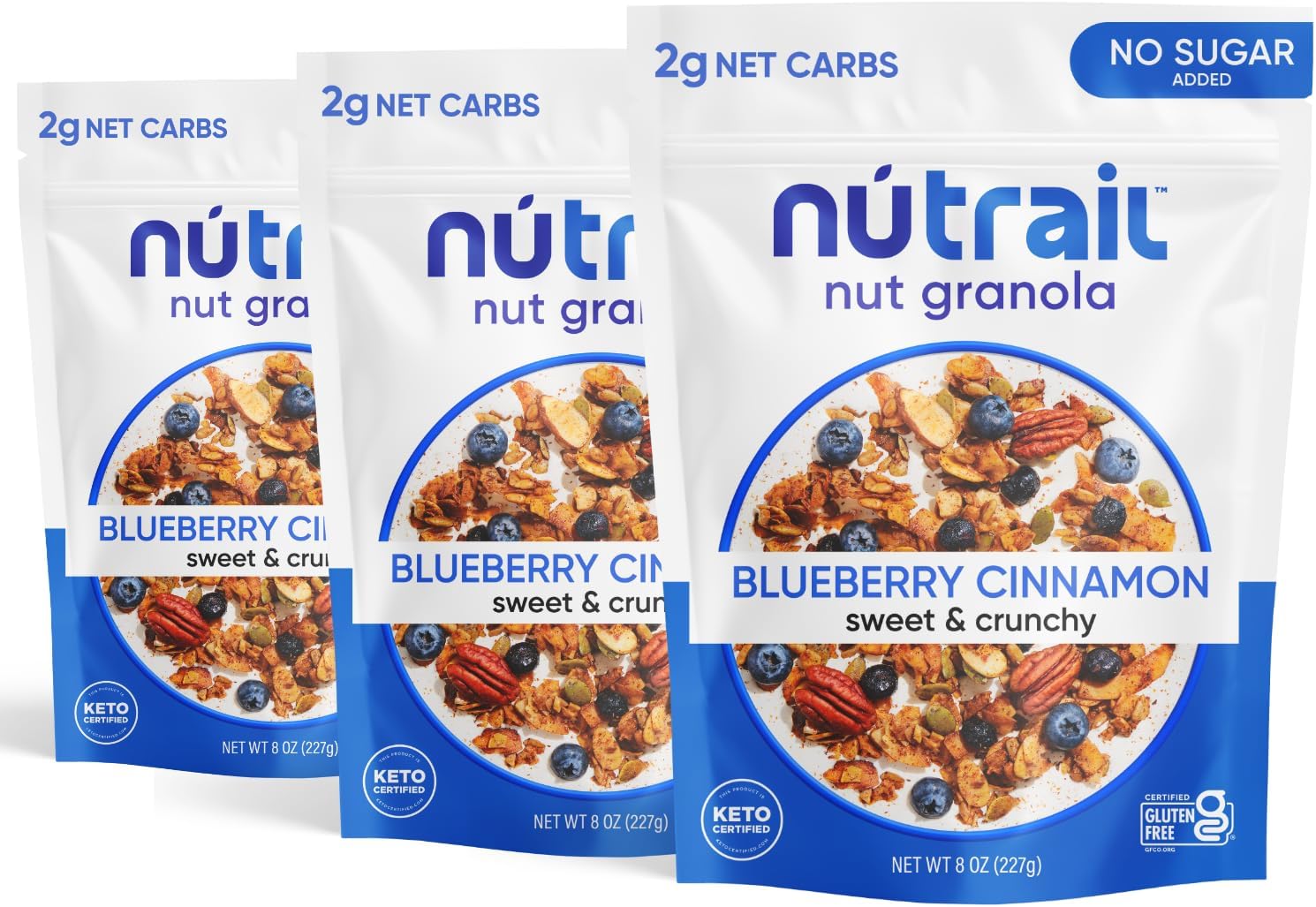 NuTrail Nut Granola Cereal, Blueberry Cinnamon, No Sugar Added, Gluten Free, Grain Free, Keto, Low Carb, Healthy Breakfast Cereal 8 oz. 3 Count