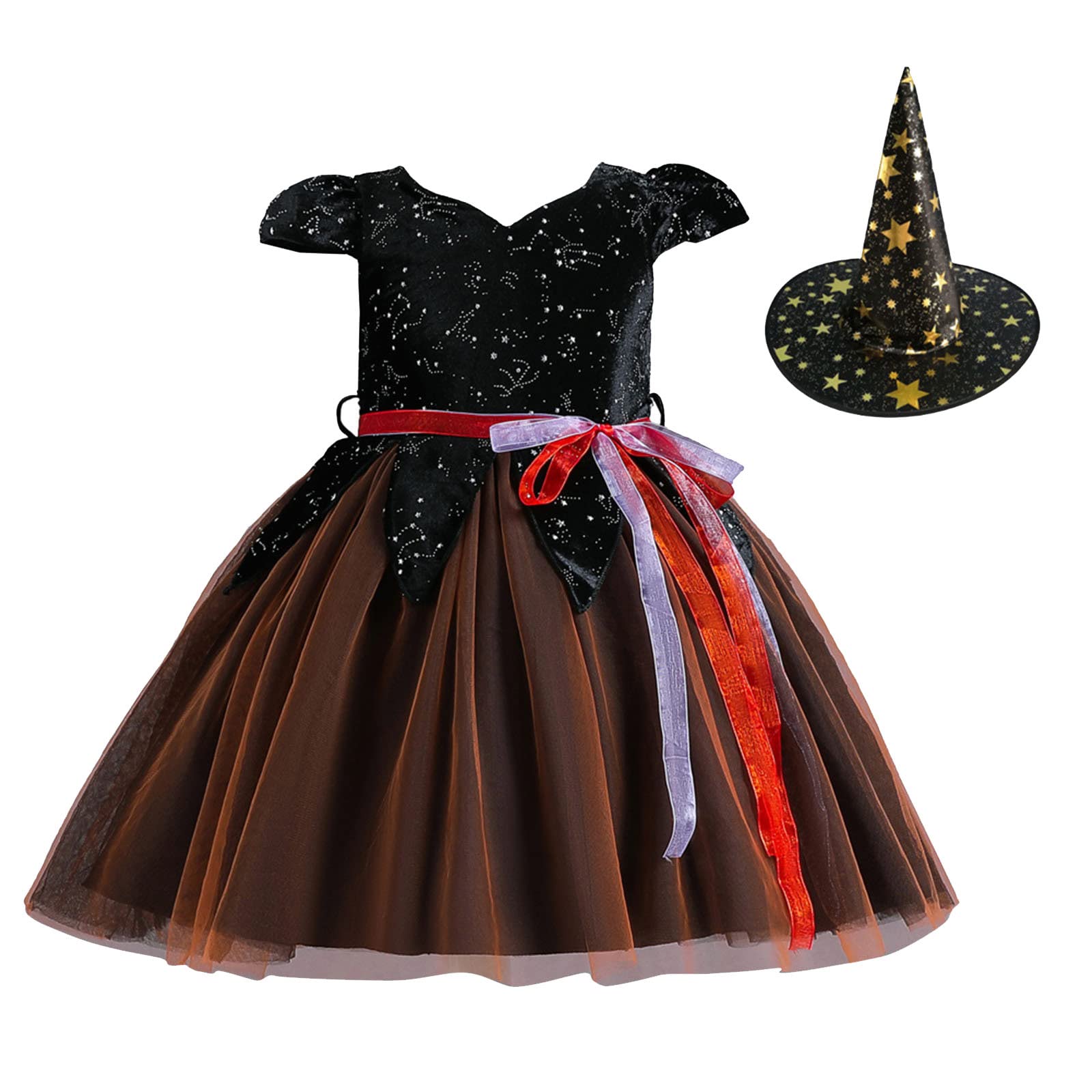 Witch Costume Kids Girls Witch Halloween Costumes with Wizard Hat 4 PCS Set Dresses with Hat, Bag and Magic Wand 4 Piece Set, Witches Dress Up Outfit, Fancy Dress for Carnival Party Cosplay