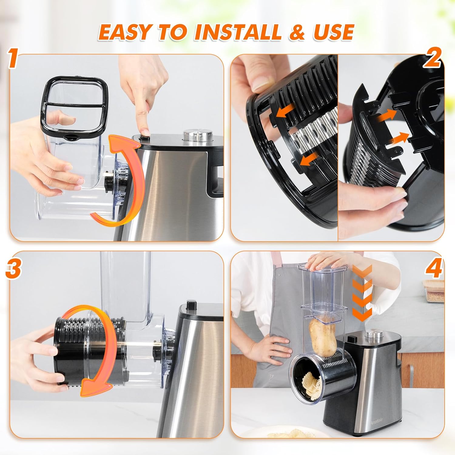 Anatole Electric Cheese Grater Stainless Steel Vegetable Shredder 6 Blades 250W Large Inlet Outlet BPA-Free 110V