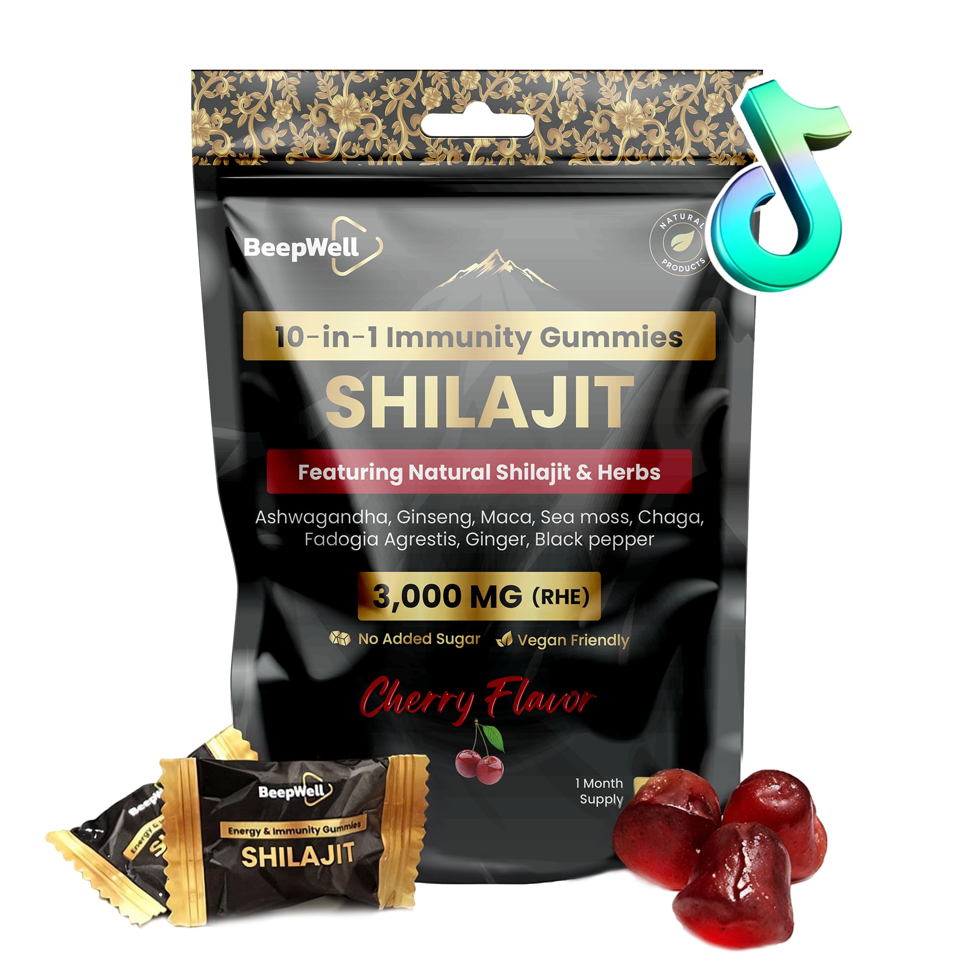 Shilajit Gummies - Gomitas de fuerza mejorada para el bienestar general, gomitas veganas endulzadas naturalmente - Natural y pura - 60 gomitas - Sabor cereza