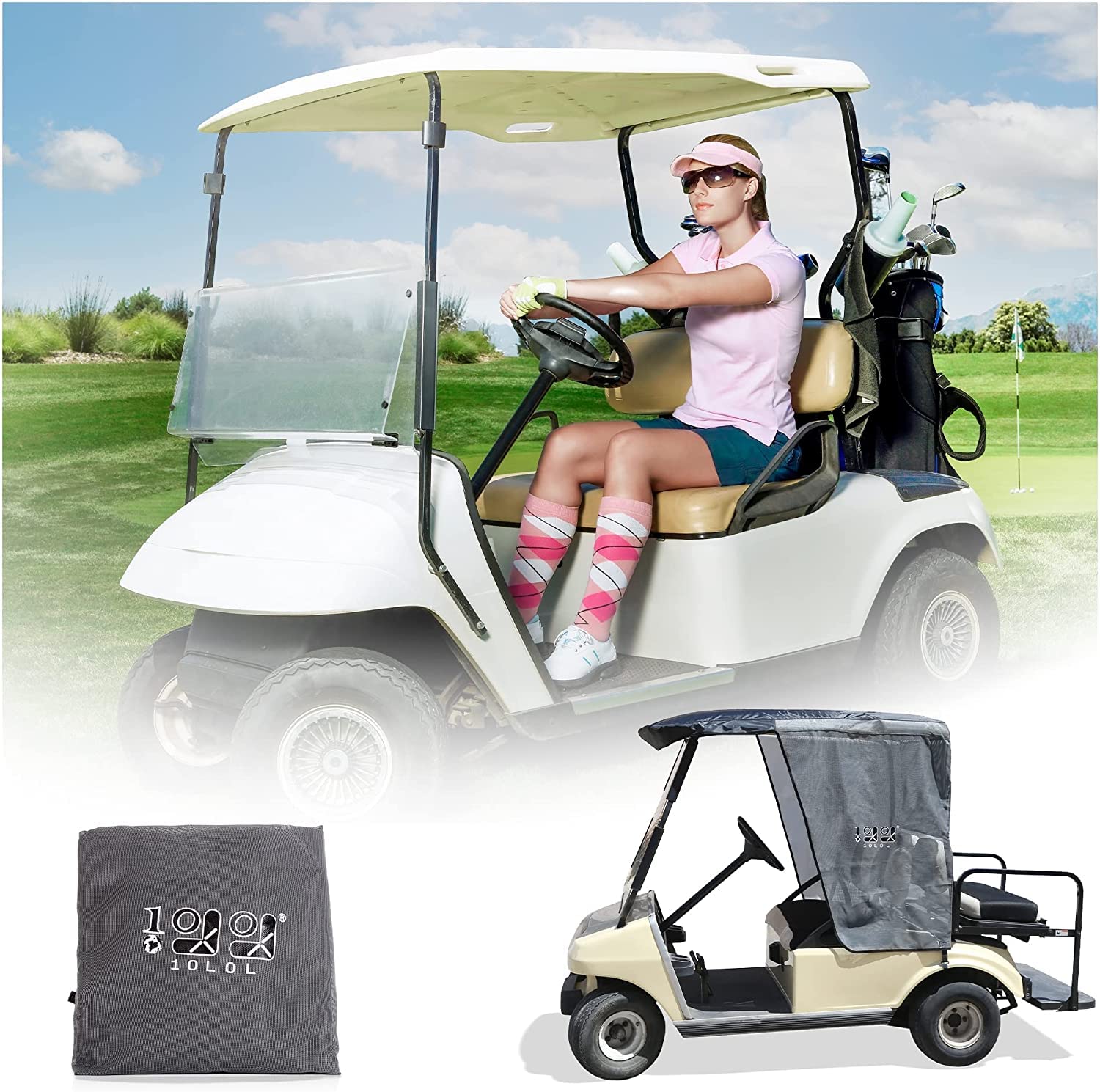 10L0L Osłona przeciwsłoneczna do wózka golfowego, pasuje do klubu samochodu, doskonała ochrona przed promieniowaniem UV, poliestrowa siatka przeciwsłoneczna, trwała i łatwa w instalacji (czarny/szary)