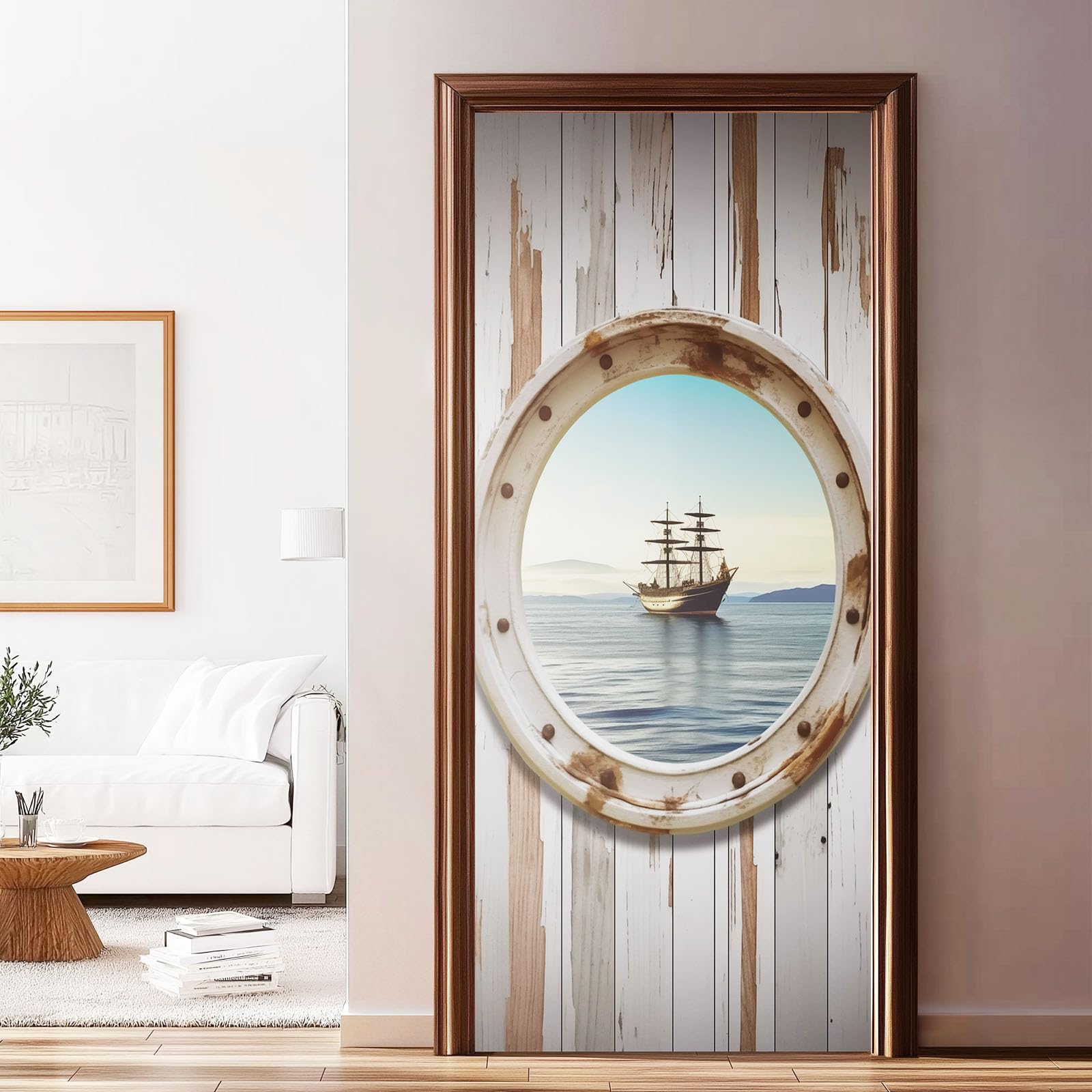 Vintage naklejka na drzwi okno łódź 95 x 215 cm plakat na drzwi naklejki ścienne, samoprzylepna naklejka ścienna deski żaglowe ocean, do sypialni, salonu, kuchni, łazienki, jasnoszary