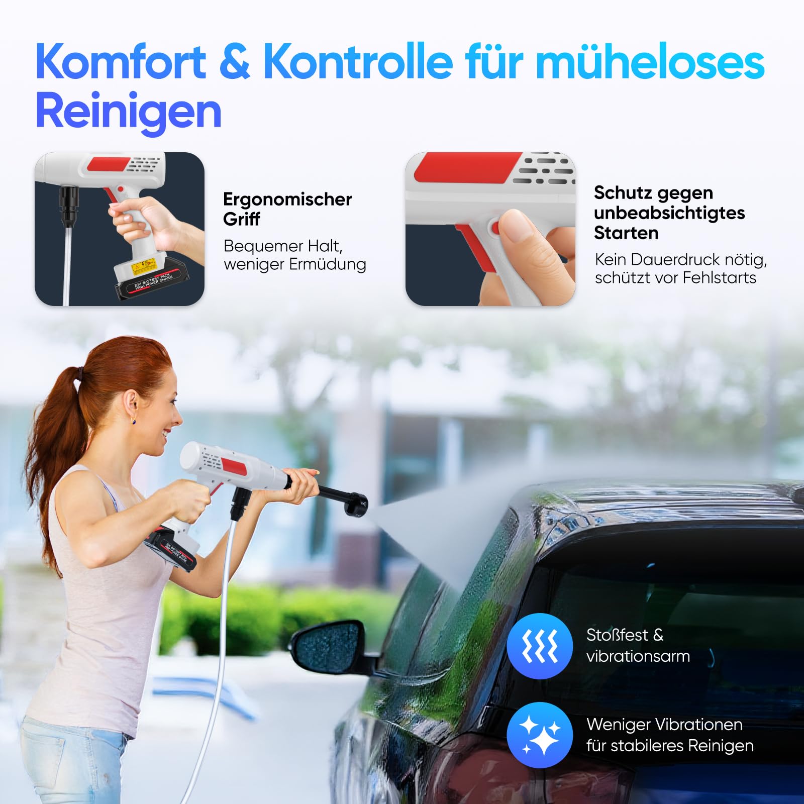 Rondella ad alta pressione a batteria, max 30 bar, 435 PSI, con 2 batterie da 10000 mA. Spruzzatore di schiuma, tubo da 5 m, ugello multifunzione 6 in 1, idropulitrice portatile ad alta pressione per
