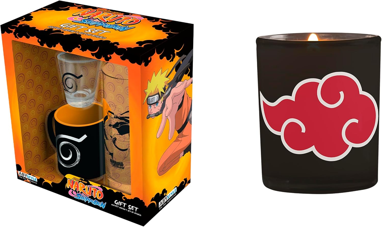 ABYSTYLE Naruto Shippuden Konoha Gift Set, Inlcudes 1 Ceramic Mug, 1 Shot Glass and 1 14 Fl Oz Glass, 1 Akatsuki Candle Anime Manga Decor Gift