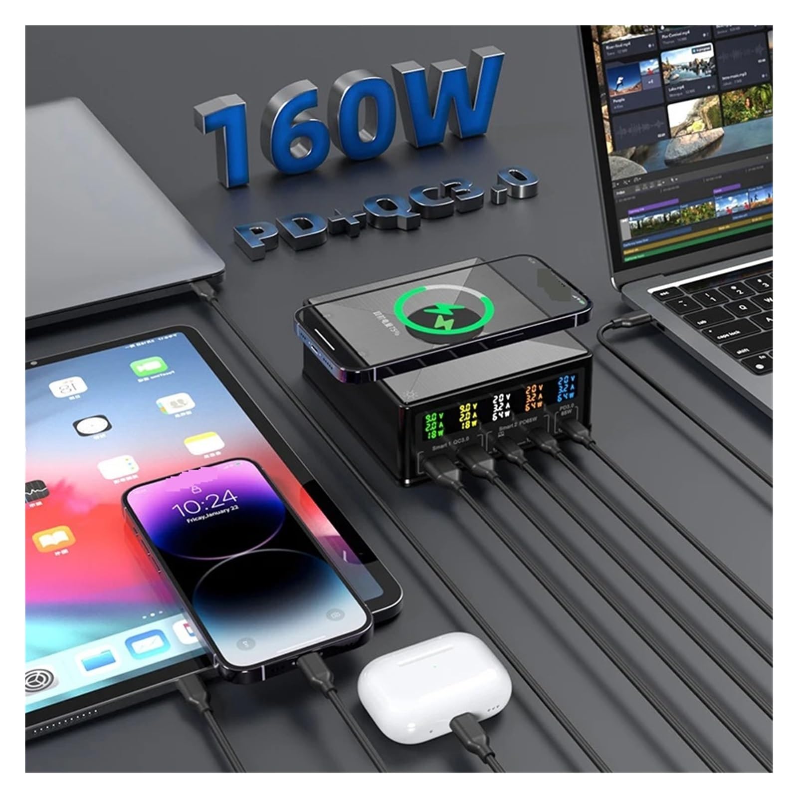 Stacja Ładująca USB 160 W Bezprzewodowa Ładowarka 15 Wyświetlacz LCD USB-C QC3.0 PD Szybka 65 MożLiwość Szybkiego łAdowania