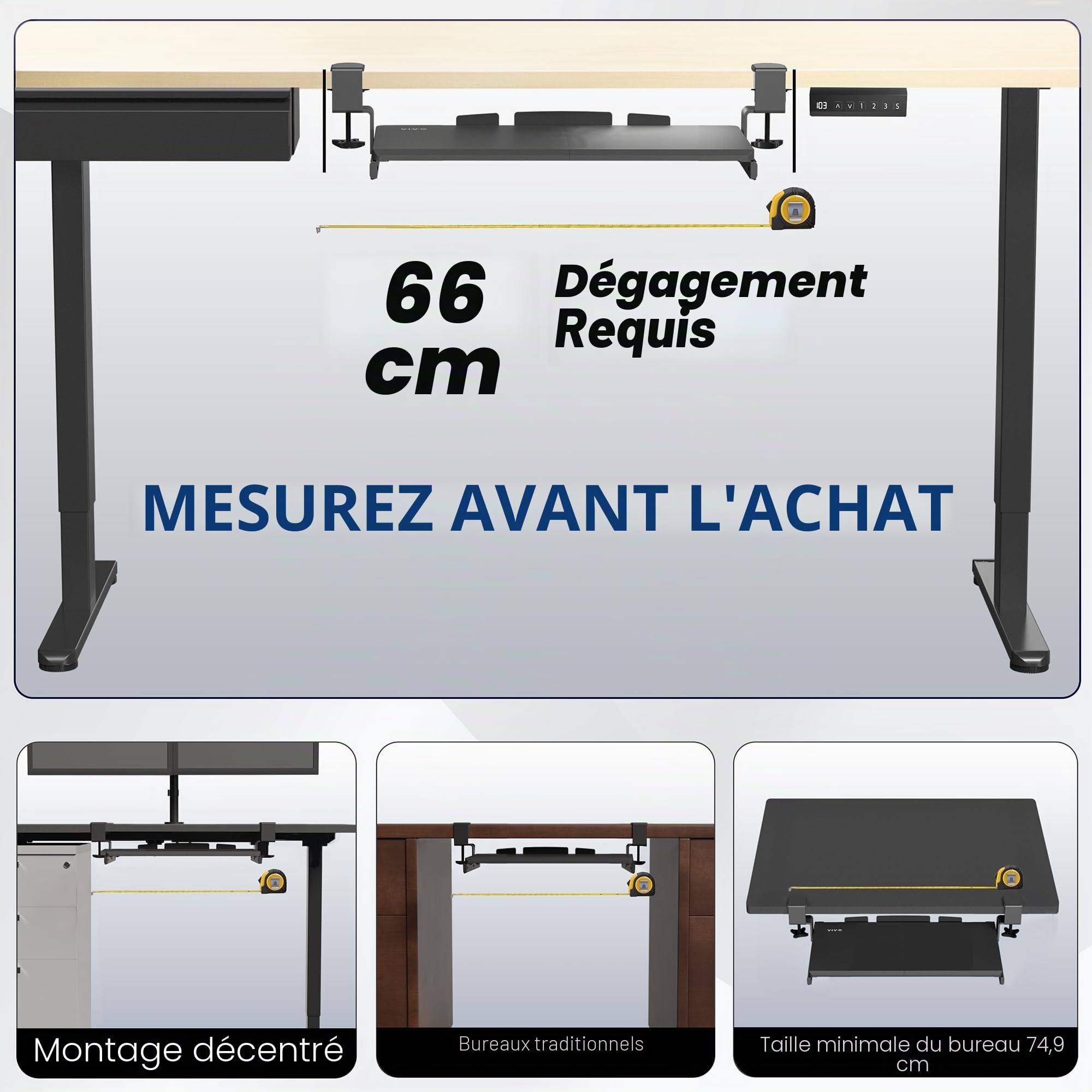 VIVO MOUNT-KB05ES-W Petit plateau pour clavier, avec système de fixation en C extra robuste, 20 (26 pinces incluses) x 28 cm, blanc