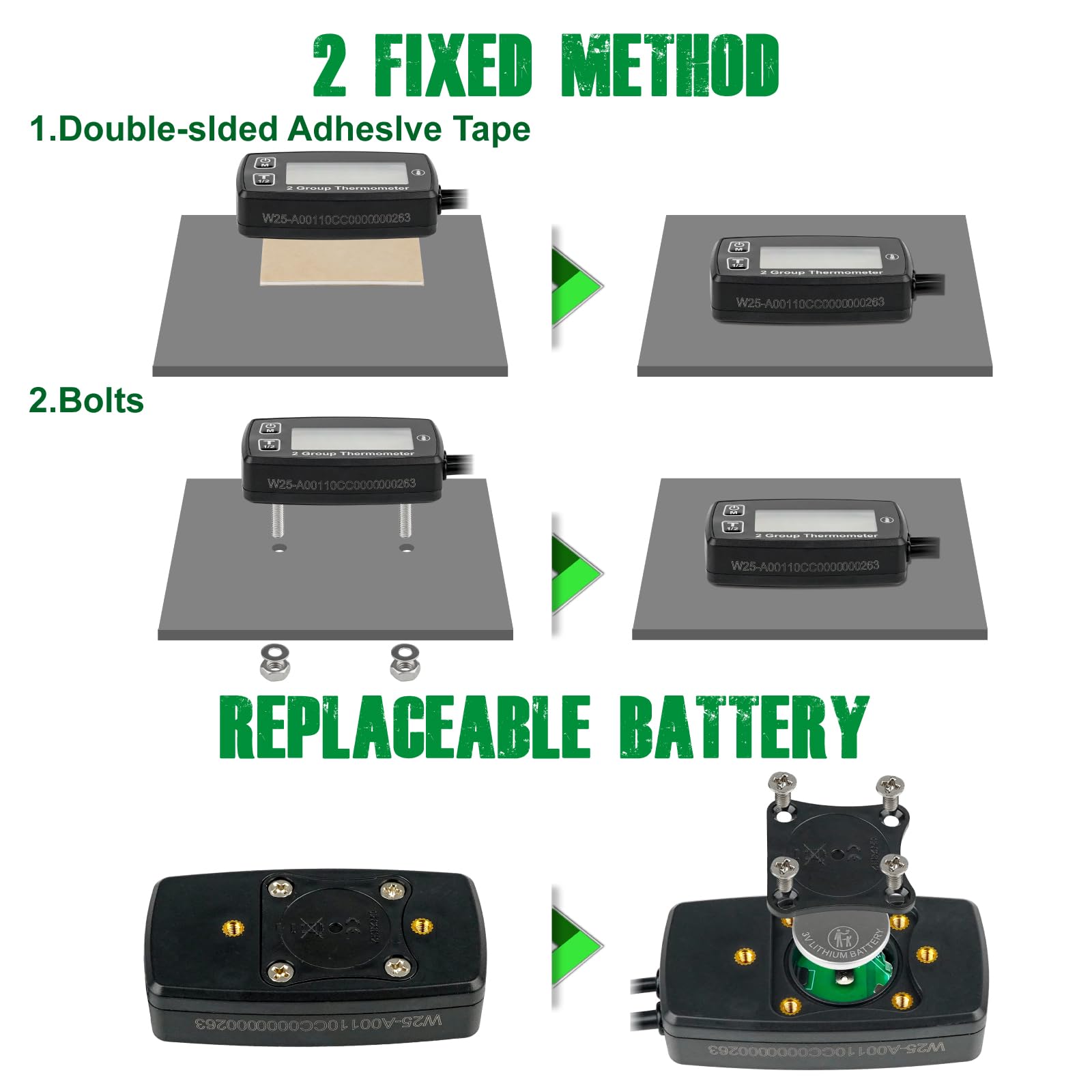 YOOREAL Digitale LCD Motore Temp Gauge, Doppia Registrazione Della Temperatura, Retroilluminazione Verde, Batteria e Alimentatore Esterno per Tosaerba Generatore Trattore Moto Dirtbike