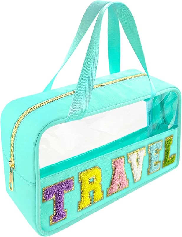 Necessaire transparente Bunliuys com estampa de letras, zíper e alça, verde-menta (TRAVEL-Mint Green)