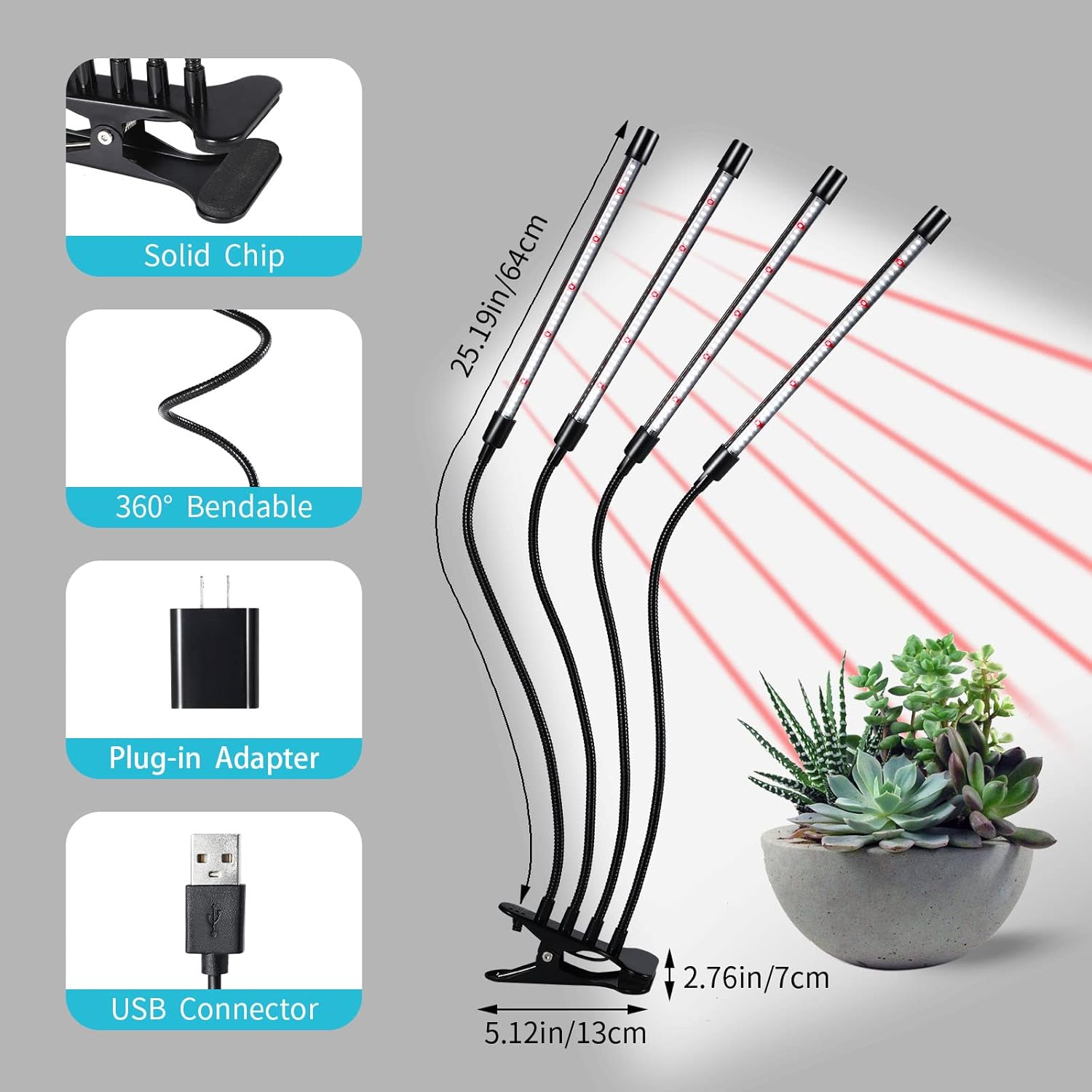 Black Clip Grow Lights for Indoor Plants, 168 Full Spectrum LEDs Clip Plant  (4 Head 1 Pack)