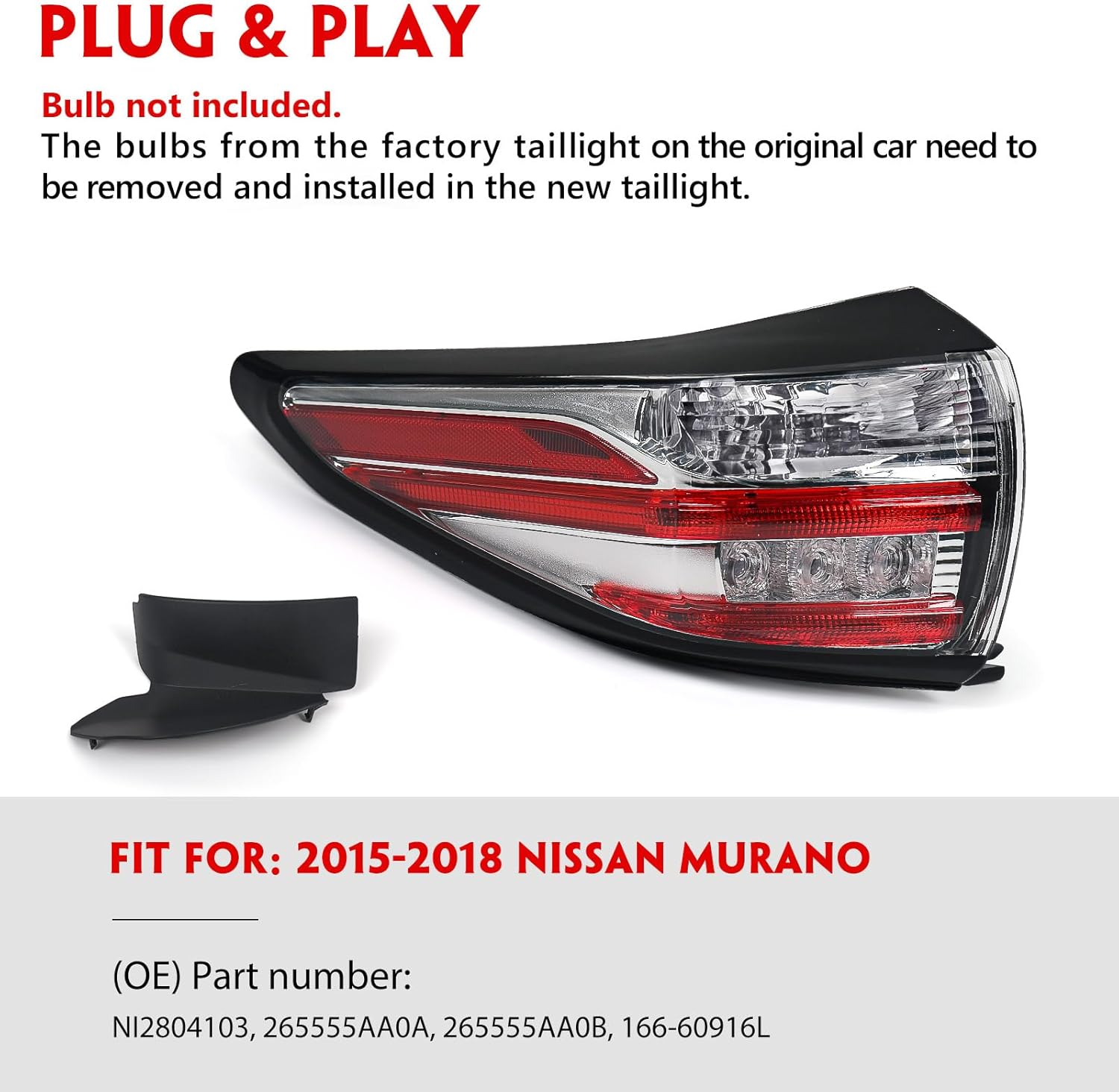 Huray Left Outer Tail Light Fit for Nissan Murano 2015-2018, LH Taillight Tail lamp Rear Brake Lamp Assembly OE Style Replacement for NI2804103 265555AA0A Driver Side