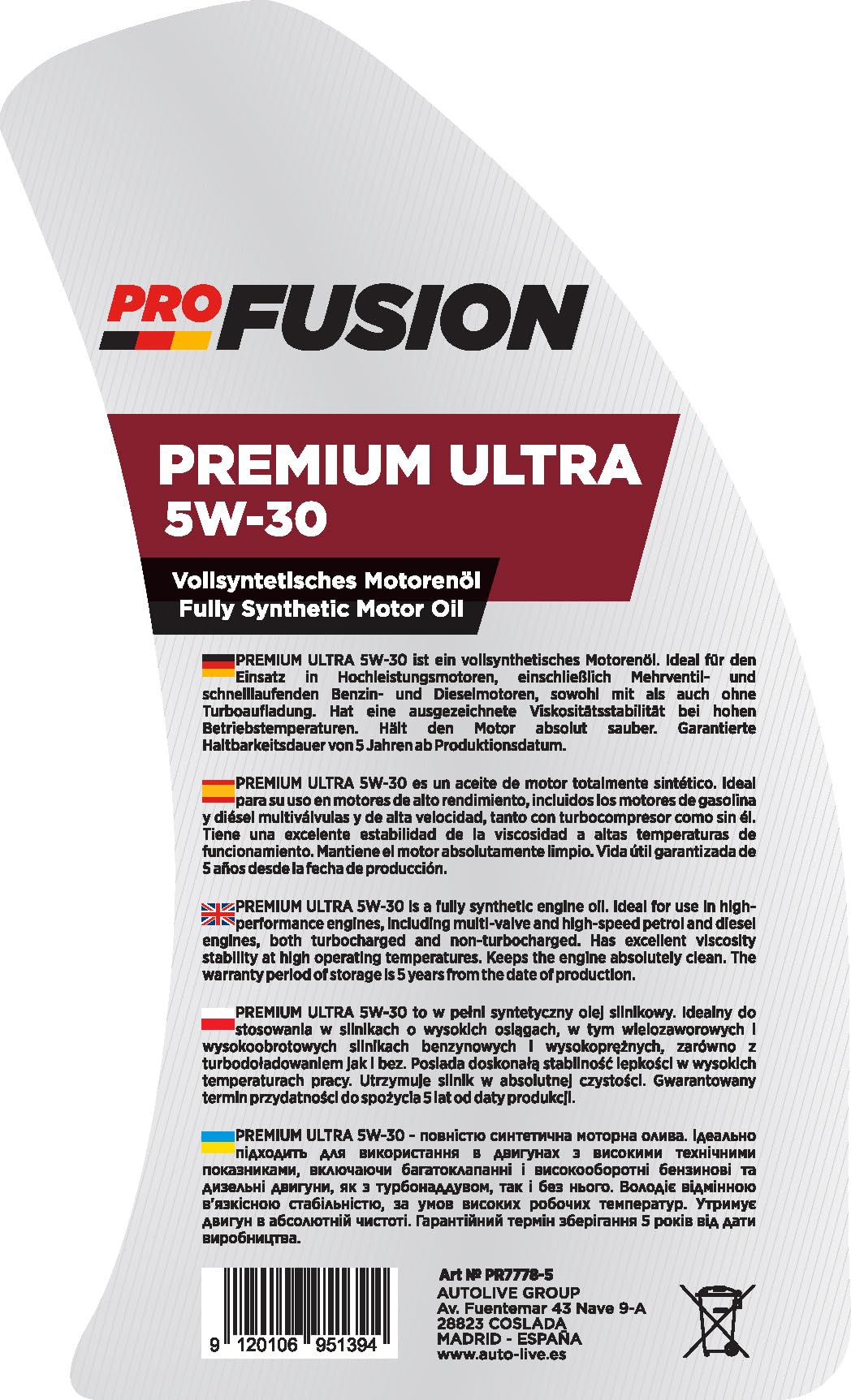 ProFusion Aceite 5W-30 para Motores Gasolina y Diésel - Lubricante Sintético para Coche Premium Ultra ACEA C3 Compatible con Filtros de Partículas (DPF) Pack de 2 x 5L (10 Litros en Total)
