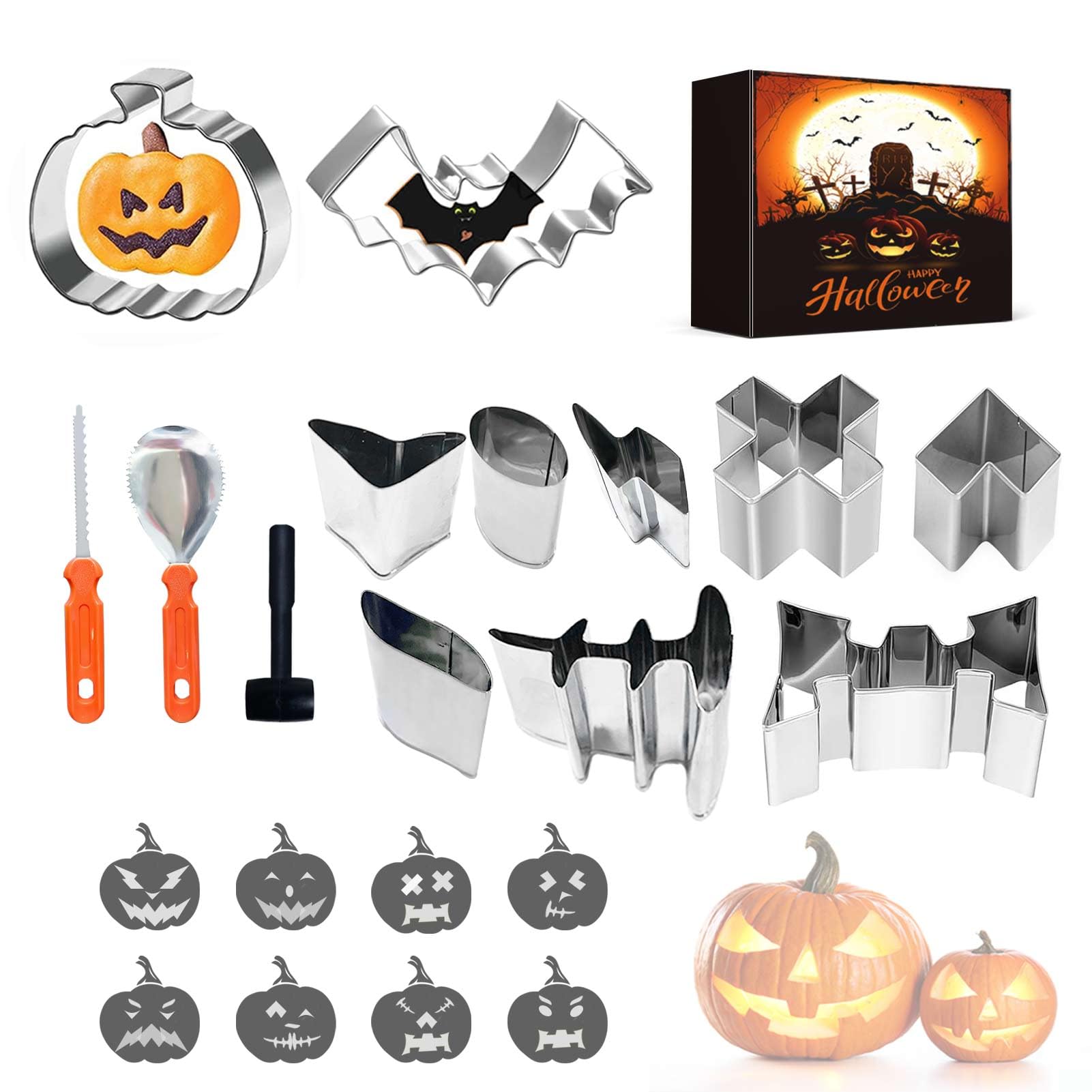 Kit de Tallado de Calabaza de Halloween: Juego de 13 Piezas Herramientas Calabazas de Acero Inoxidable con Martillo y Cortadores de Galletas Pumpkin Carving Kit para Familia