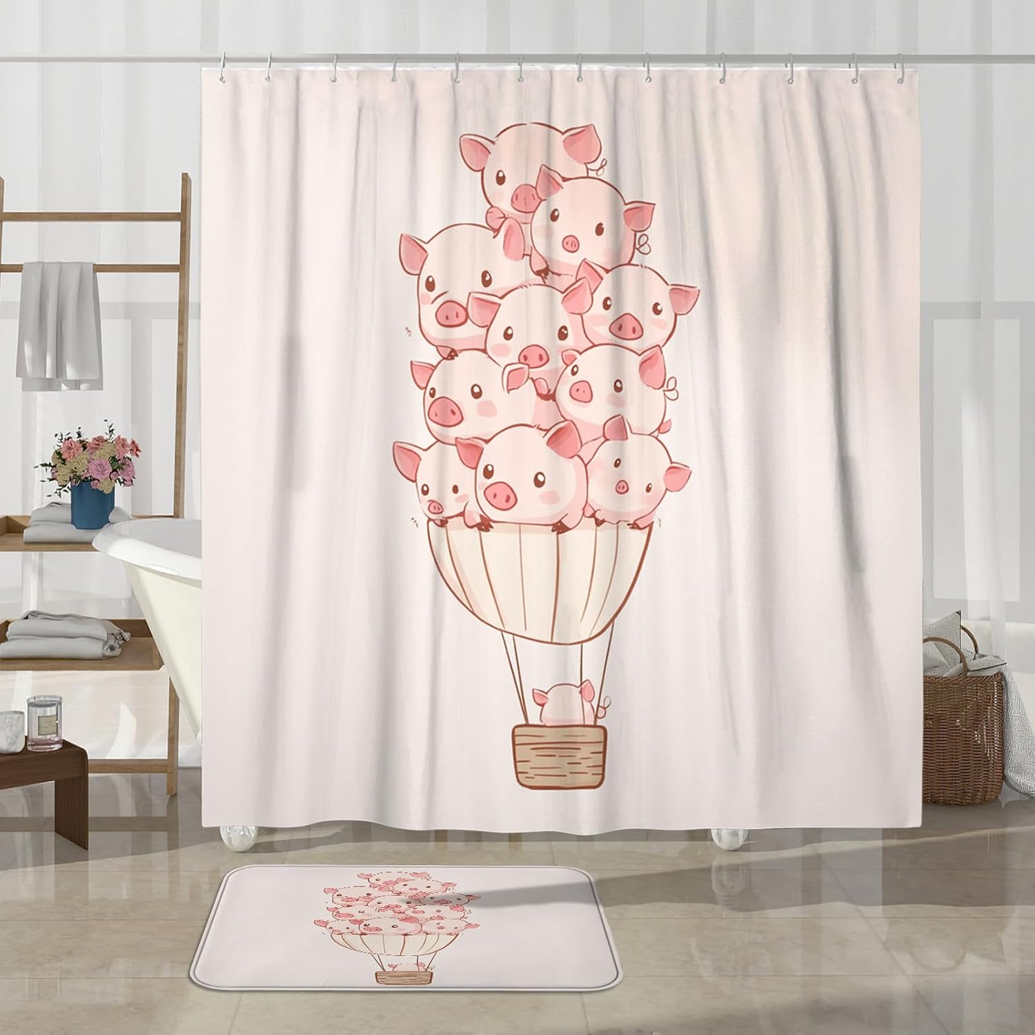 4PCS Fun Pig Bathroom Sets, Bath Accessory with Non-Slip Rug, U Shape and Toilet Lid Cover Mat, Peach Cartoon Kid Preppy Bathroom Decor-72''x72''