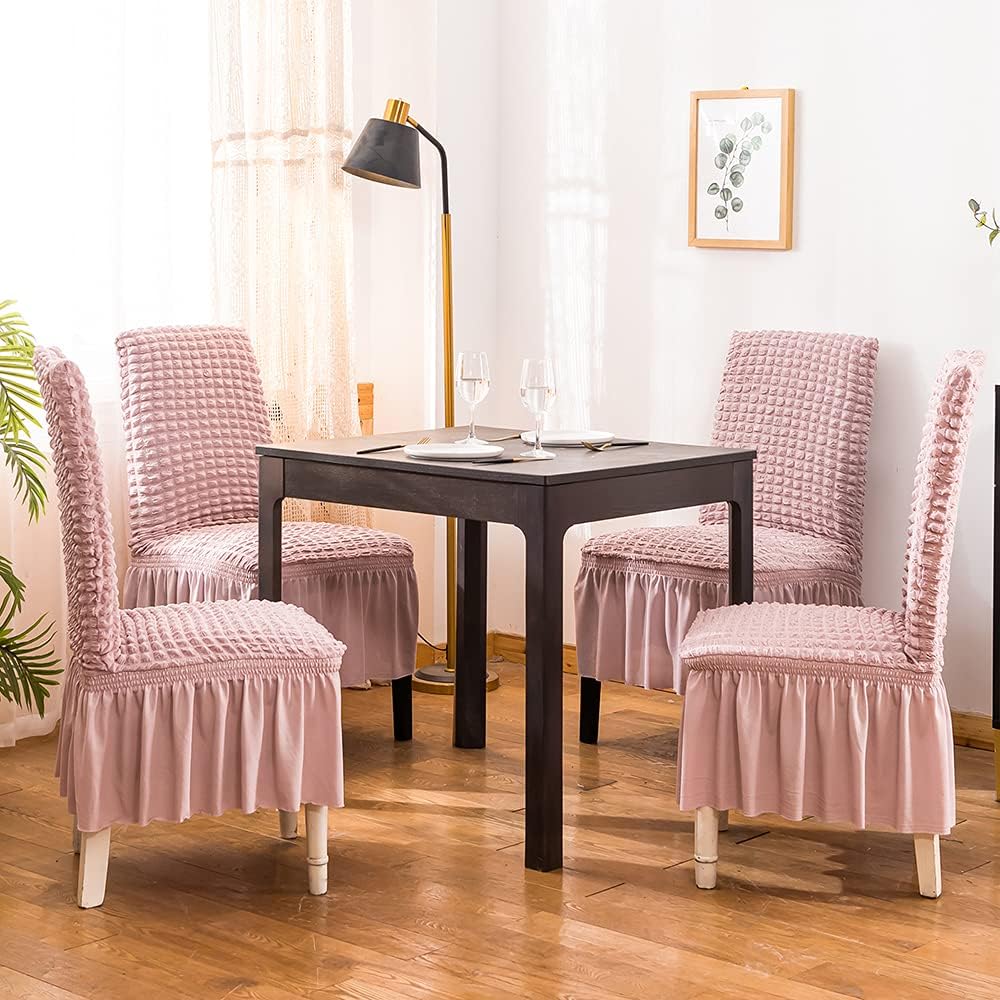 XMNTG Dining Room Chair Slipcovers 1-Piece Stretch Pink Dining Chair Covers Non Slip Washable Furniture Protector with Skirt Country Style for Hotel Ceremony Party (Pink 1)
